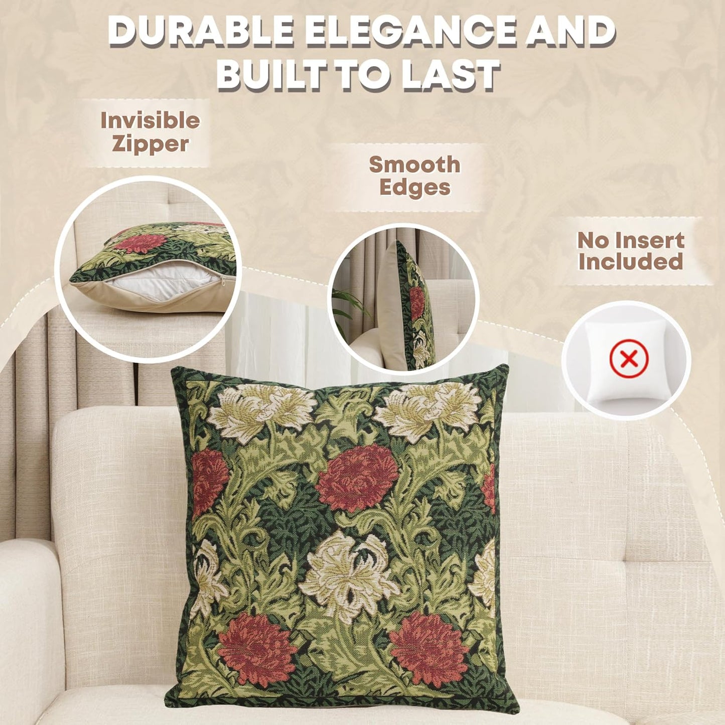 Charlotte Home Furnishings Throw Pillow Covers 16x16 in, Green Chrysanthemum Decorative Pillow Covers, Boho European Tapestry Cushion Cases, Living Room Cozy Home Decor, Jacquard Woven Soft Cotton