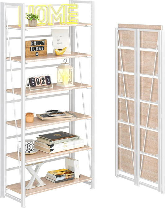 4NM No Assembly Foldable Bookshelf, 6-Shelf Collapsible Bookcase Storage for Small Spaces, 74" H, Natural White