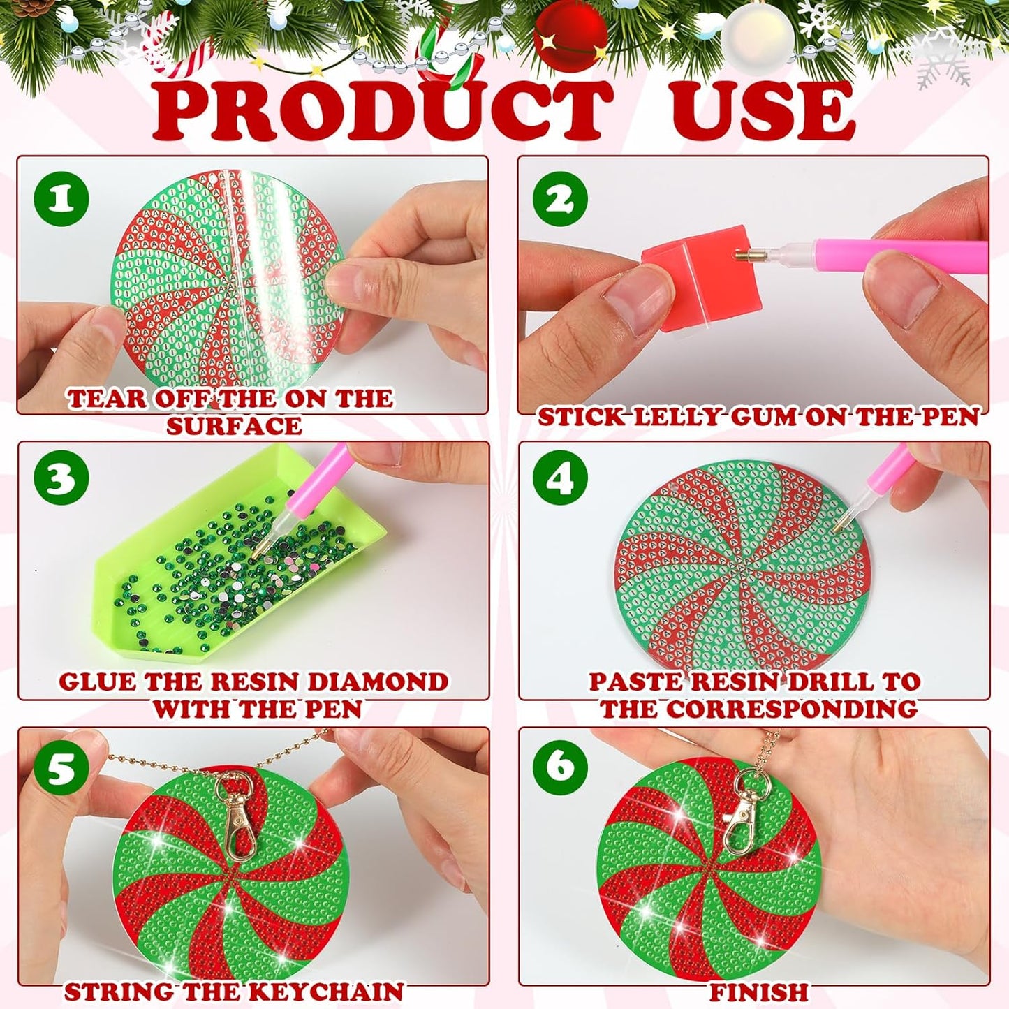 Tondiamo 20 Pcs Christmas Diamond Painting Keychain Kits 5D DIY Diamond Art Pendants Double Sided Hanging Key Chains for Christmas Party Decoration DIY(Cute Candy Cane Style)