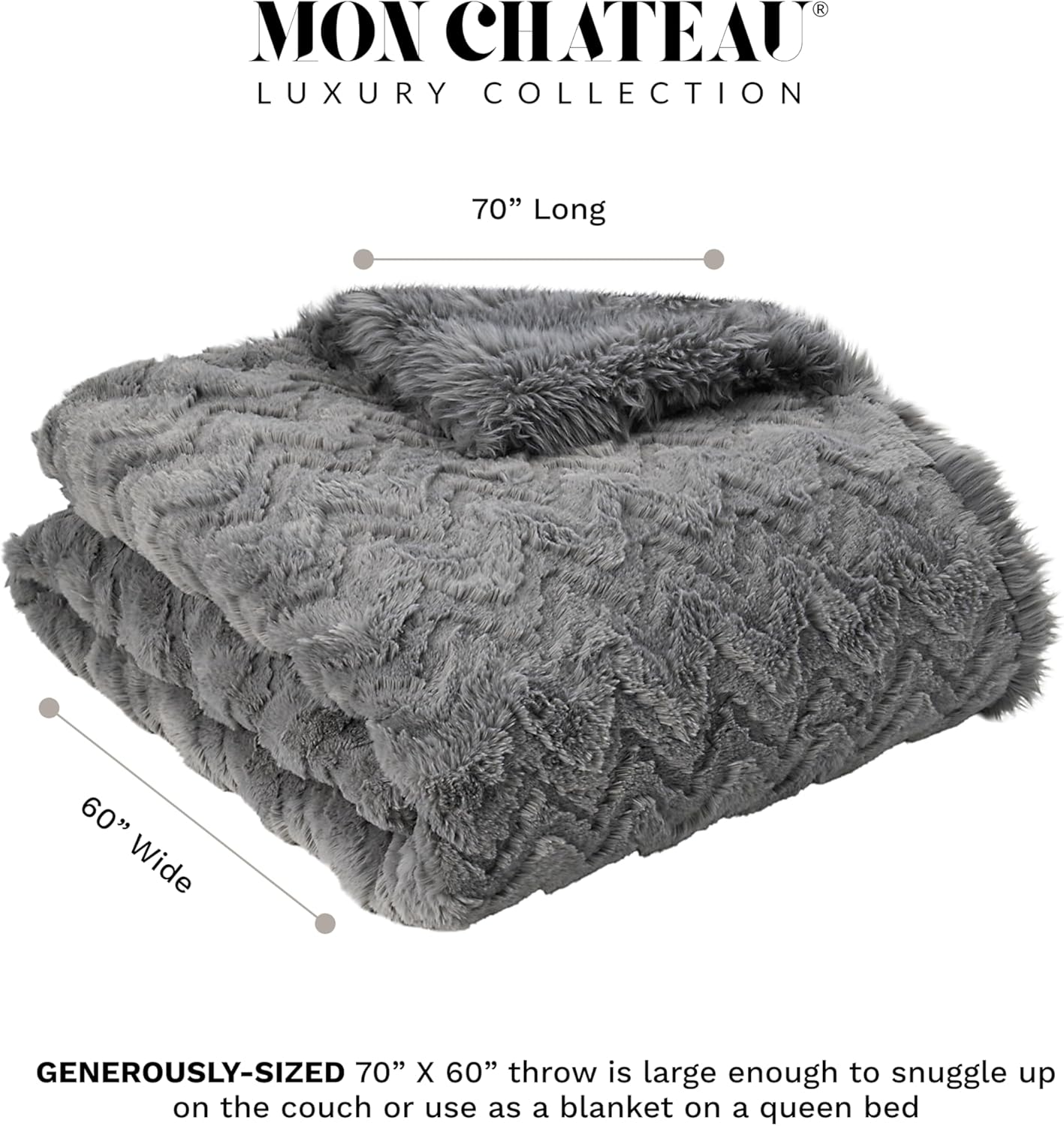 Mon Chateau Grey 3D Jacquard Faux Fur Throw, Plush Luxury Blanket for Couch, Sofa, or Bed, Soft Reversible Throw Blanket for Sleeping, Home & Room Décor, 60" x 70"