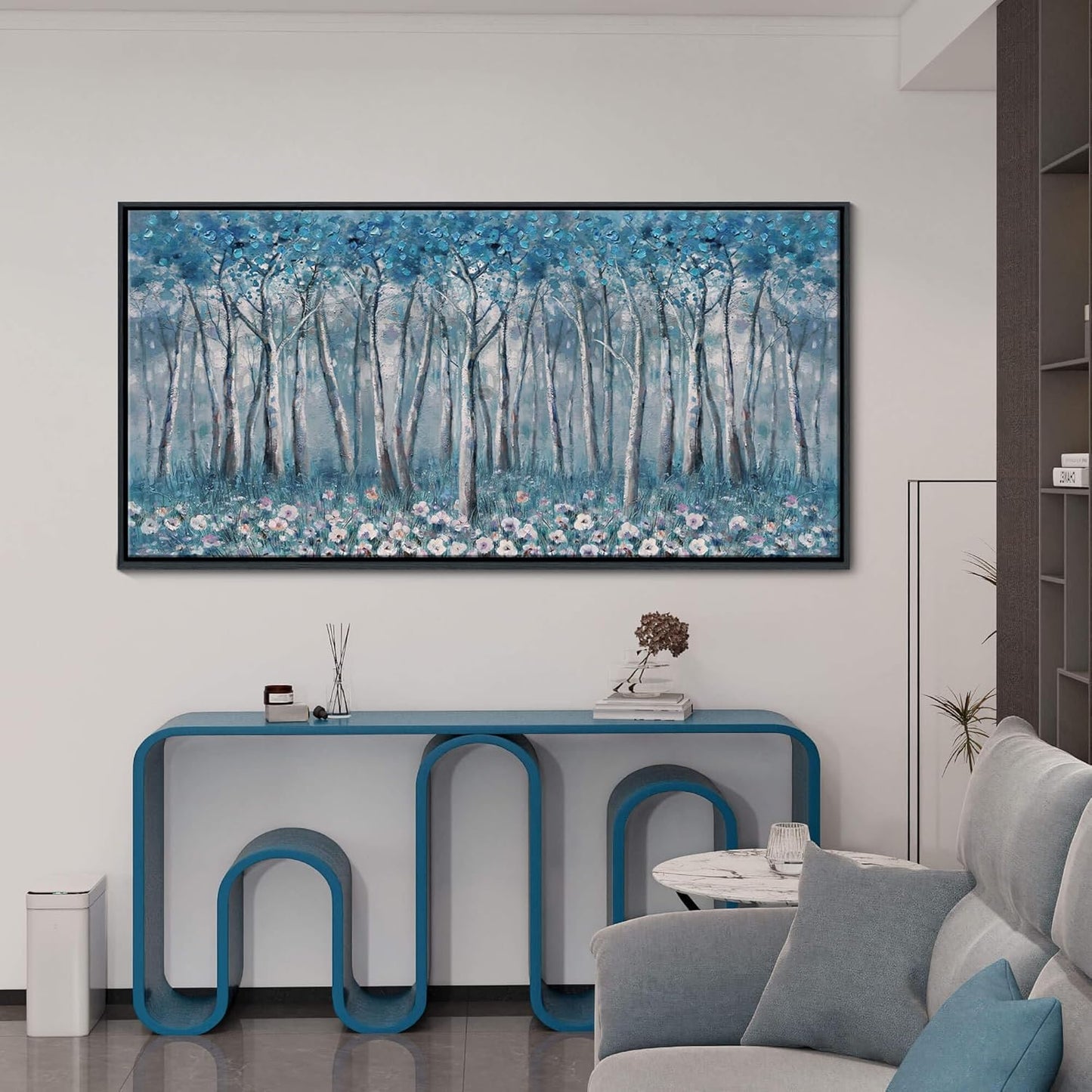 DUNHUANG ART Blue Tree Canvas Wall Art - Large Size Teal Abstract Painting for Home Office Living Room Bedroom Bathroom - Black Framed - Wall Decor Living Room 20"x40"