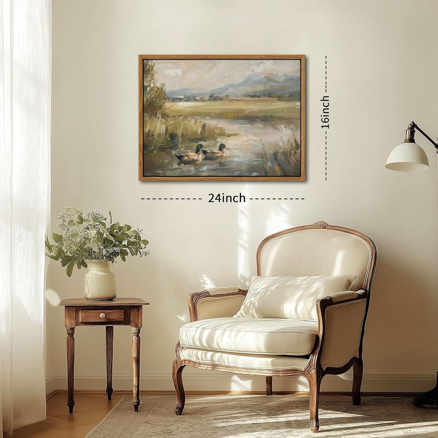 Floating Framed Canvas Wall Art, Vintage Mallard Duck Oil Paintings Print, Countryside Art Wildlife Nature Pond Wall Decor for Living Room, Bedroom, Office, Rustic Decor 16x24 inch