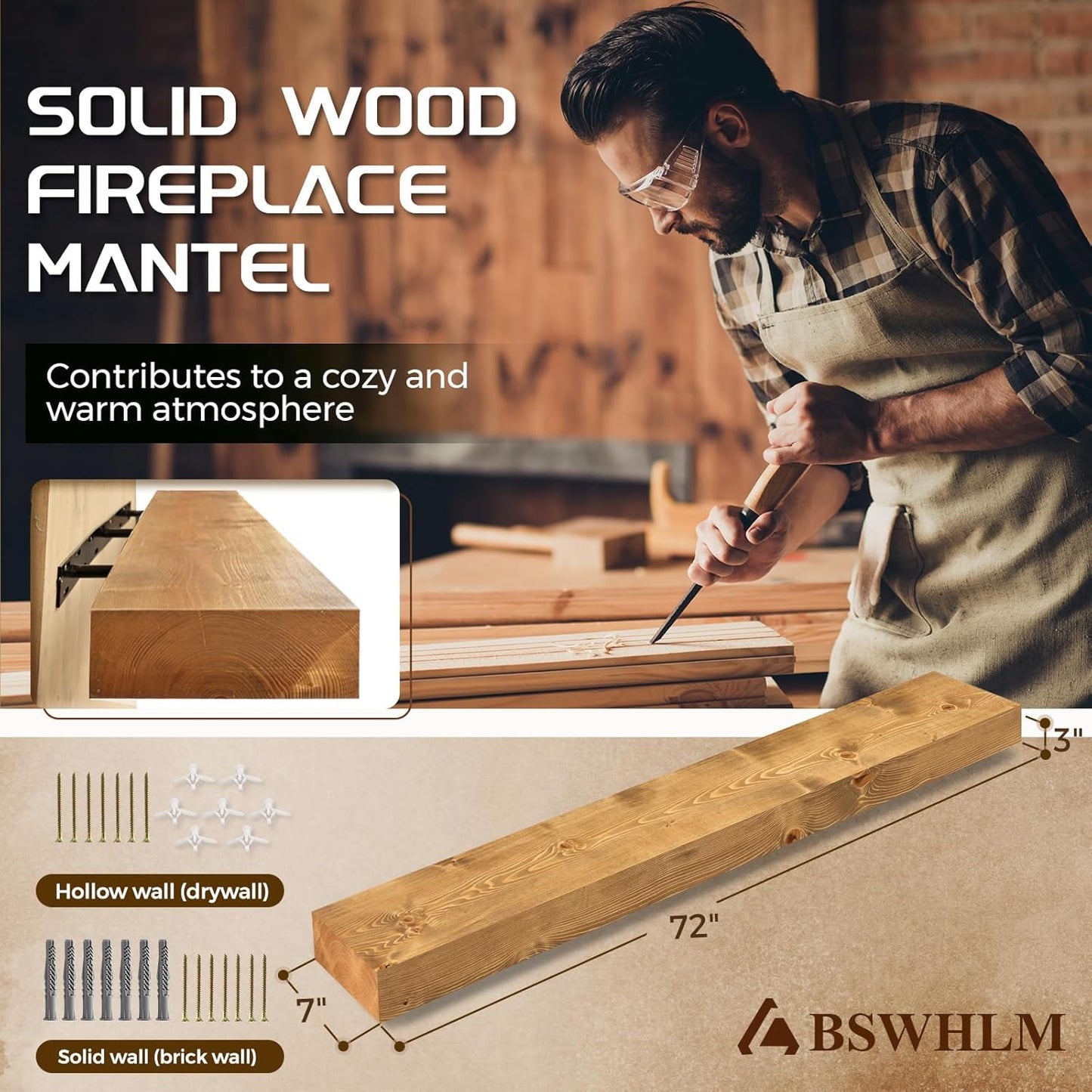 72x7x3 Fireplace Mantel - Solid Rustic Wood - Wall Mounted Floating Shelf with Invisible Heavy Duty Steel Bracket (Natural Wood)