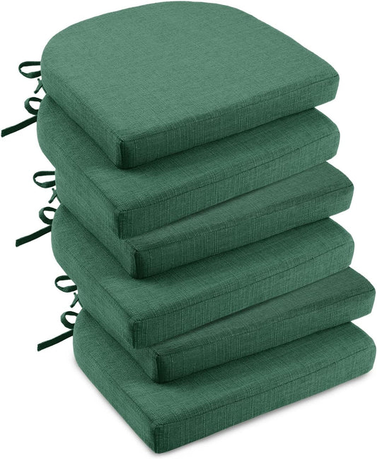 downluxe Indoor Chair Cushions for Dining Chairs, Soft and Comfortable Textured Foam Kitchen Chair Pads with Ties and Non-Slip Backing, 16" x 16" x 2", Dark Green, 6 Pack