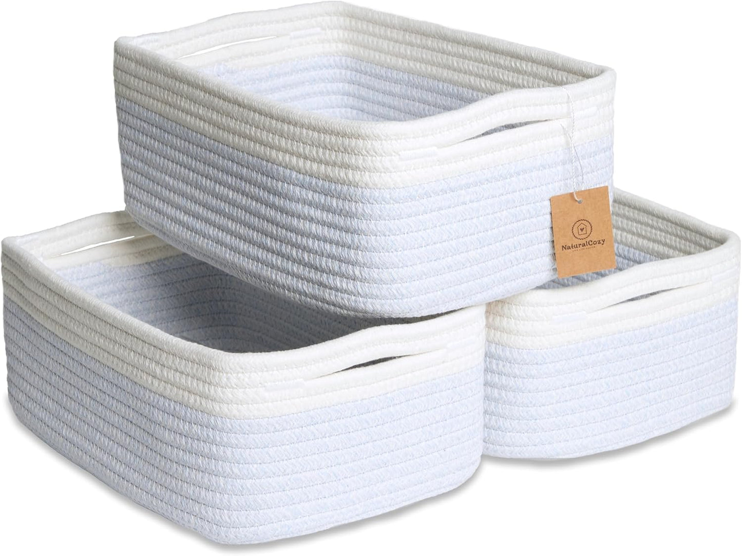 NaturalCozy 11.8"x8"x4.5” Rectangle Storage Baskets for Shelves 3 Pack | Cotton Rope Woven Small Baskets for Organizing | Small Storage Bins for Nursery, Bathroom, Closet, Shelf, Decorative, Gift