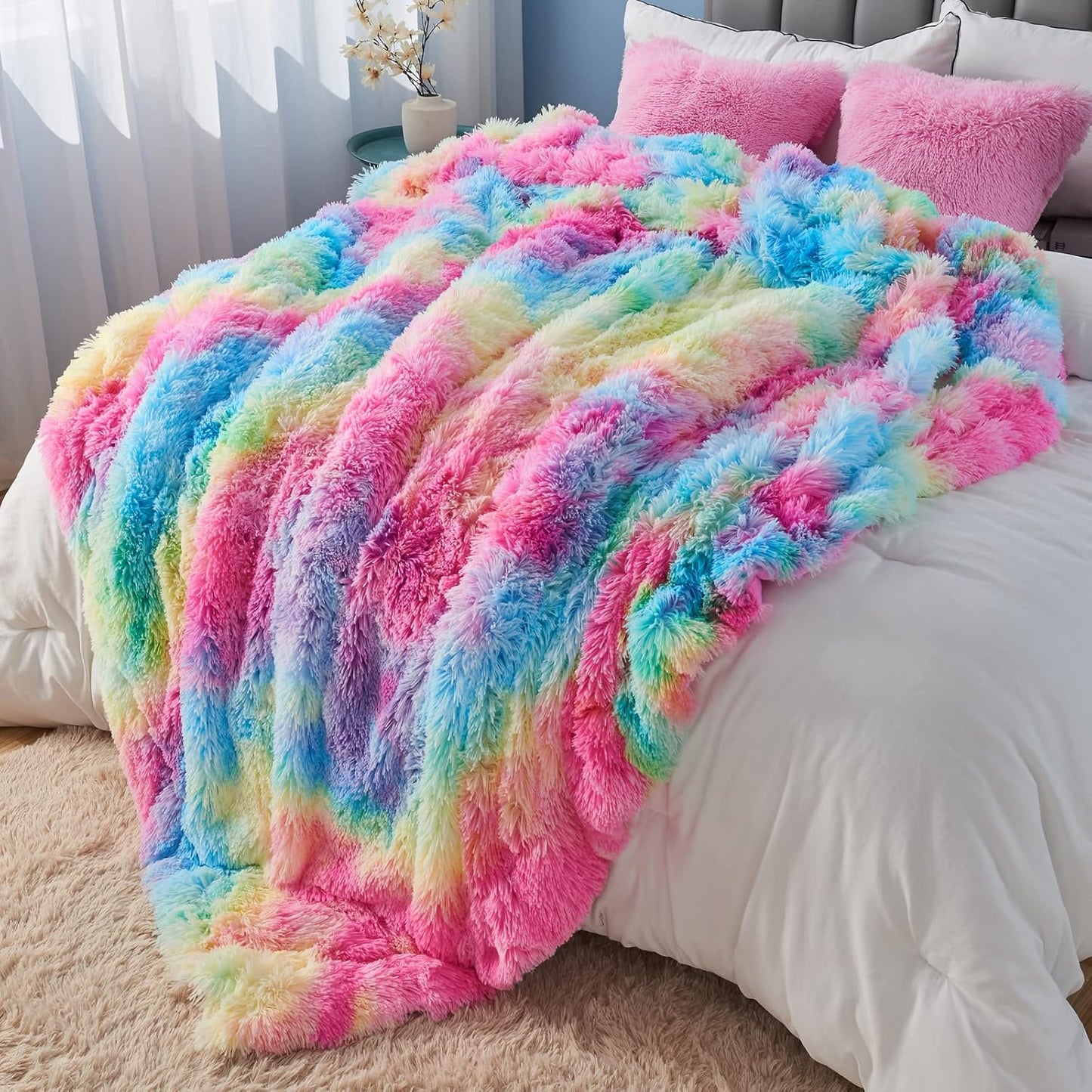 GONAAP Fuzzy Faux Fur Throw Blanket Twin Size Dark Rainbow Super Soft Cozy Plush Fuzzy Shaggy Blanket for Couch Sofa Bed (Dark Rainbow, Twin(60"x80"))