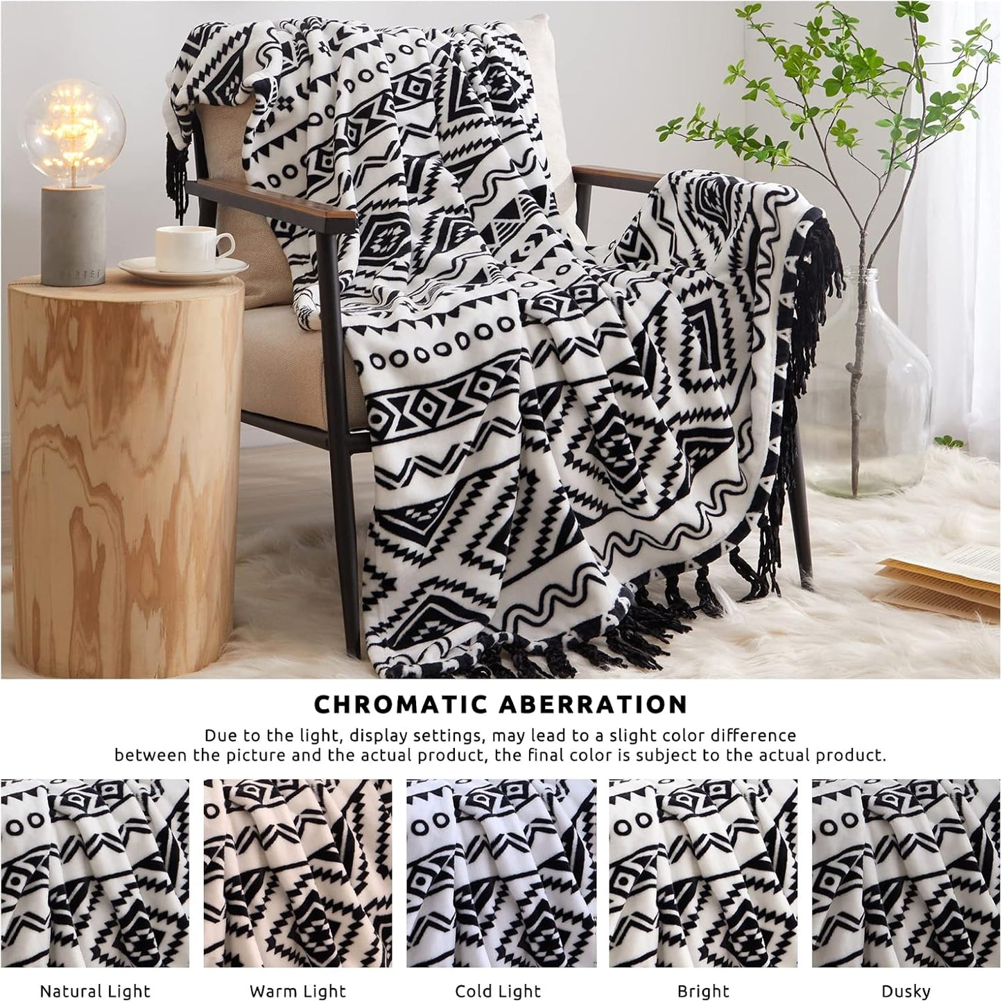 CASAAGUSTO Boho Throw Blanket - Black and White Decorative Blankets with Tassel, Printed Flannel Bohemian Blanket for Chair, Bed, Sofa, Couch(50 * 60, Black and White)