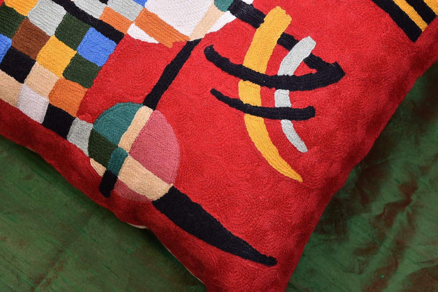 Modern Throw Pillow Cover - Kandinsky Inspired Abstract Pattern - Red - 18" x 18" - Hand Embroidered Wool - Living Room, Office, Bedroom, Outdoor