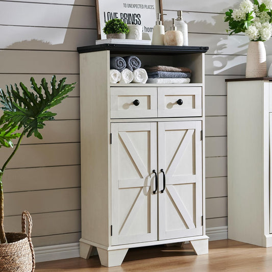 Bathroom Floor Cabinet, Farmhouse Storage Cabinet, 24" Wide Cabinet with Drawer, Adjustable Shelf, Barn Doors, Cabinets for Bathroom, Kitchen, Living Room, Off White