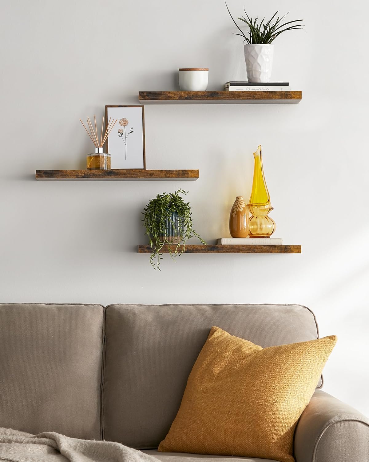 BAYKA Floating Shelves for Wall, 22.5 inches Wall Mounted Rustic Wood Shelves for Bathroom, Bedroom, Living Room, Floating Shelves for Books/Storage/Decor(Rustic Brown,Set of 3)