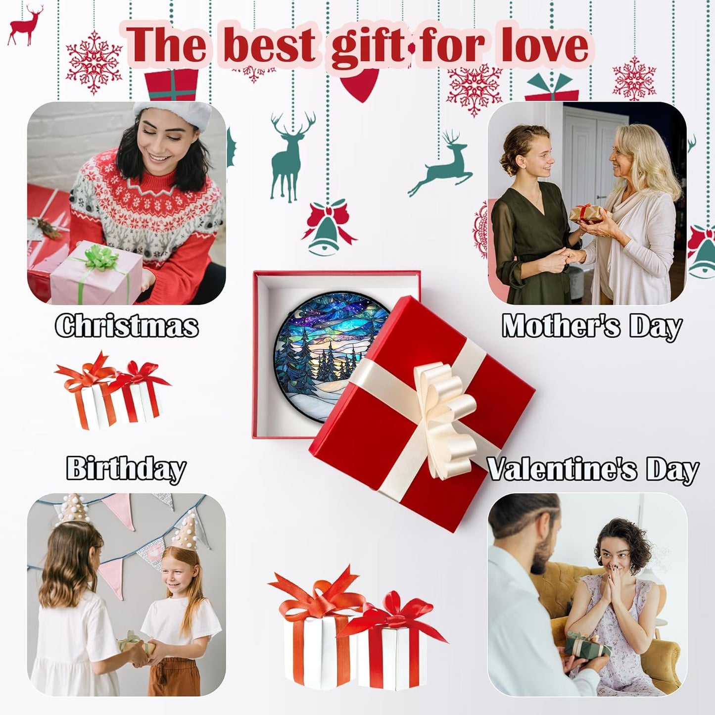 Stained Glass Window Hanging, Starry Sky Trees and Snow Sun Catchers Glass Panel Blue Suncatcher Decor for Birthday for Women, Men, Wife, Aunt, and Mom 14.9x14.9 in