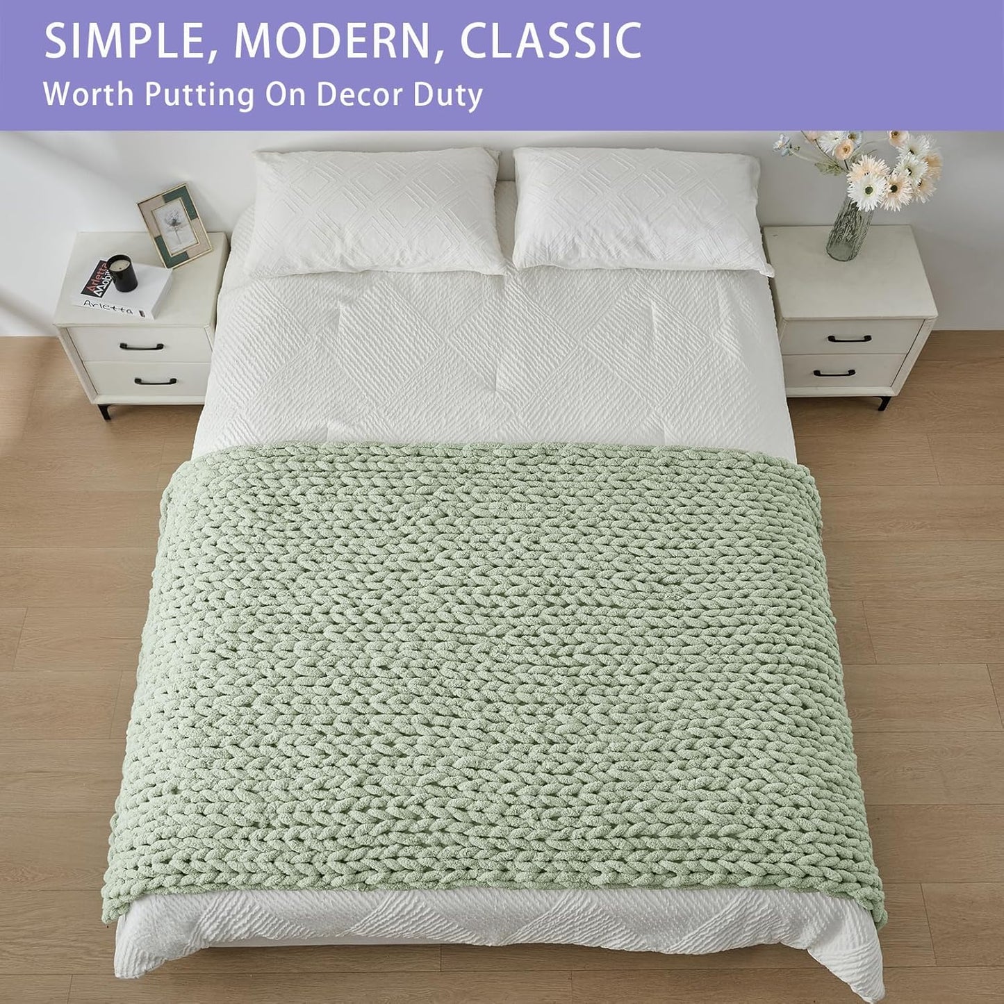 Bigacogo Chunky Knit Throw Blanket for Couch, 40x80 inches, 100% Hand Knitted with Thick Jumbo Chenille Yarn, Cozy Soft Large Rope Knot Cable Crochet Blankets for Sofa Bed Living Room, Sage Green