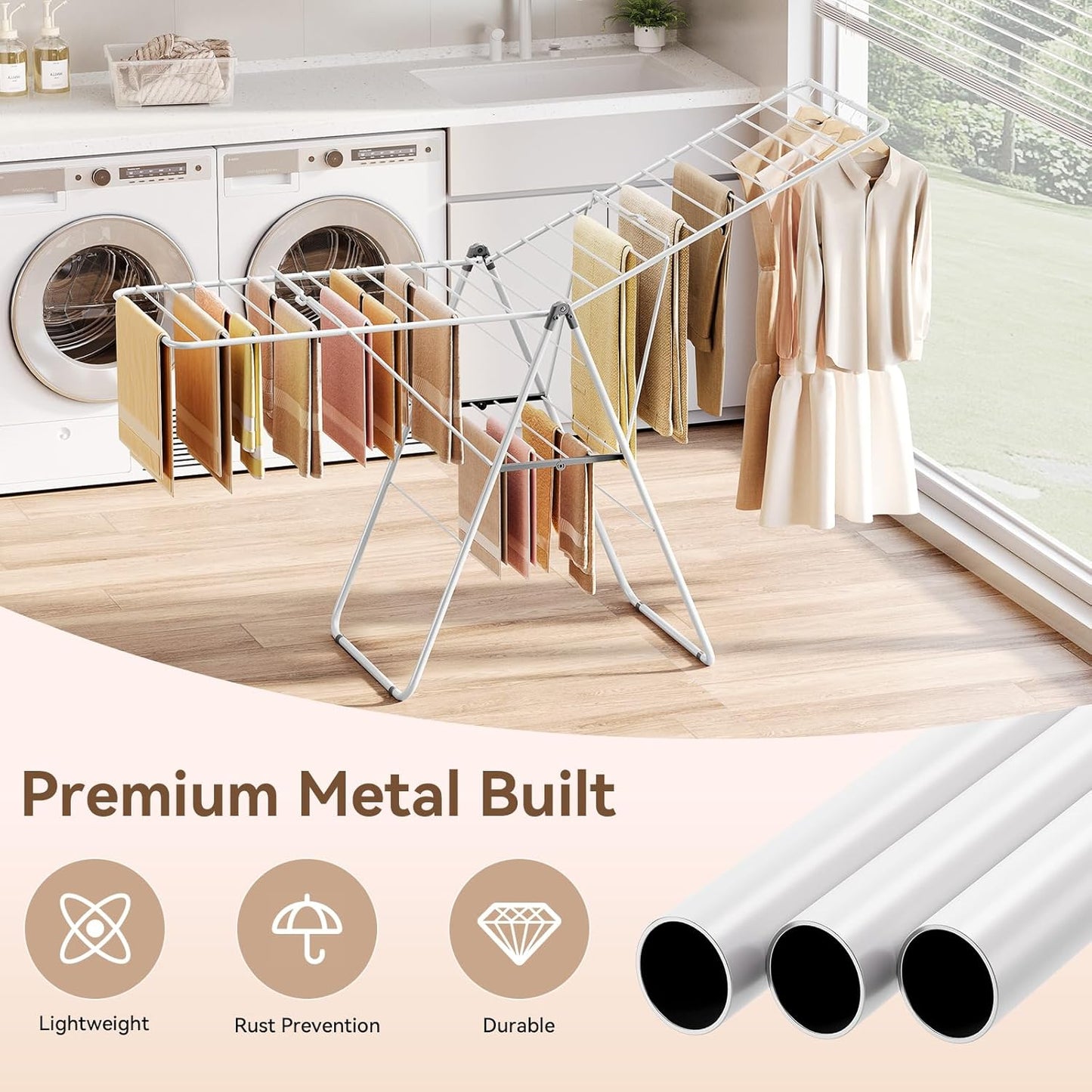 APEXCHASER Clothes Drying Rack, Foldable Drying Rack Clothing, Sturdy Metal Laundry Drying Rack, Height-Adjustable Gullwing, Easy to Fold, Space-Saving, for Indoor Outdoor, White