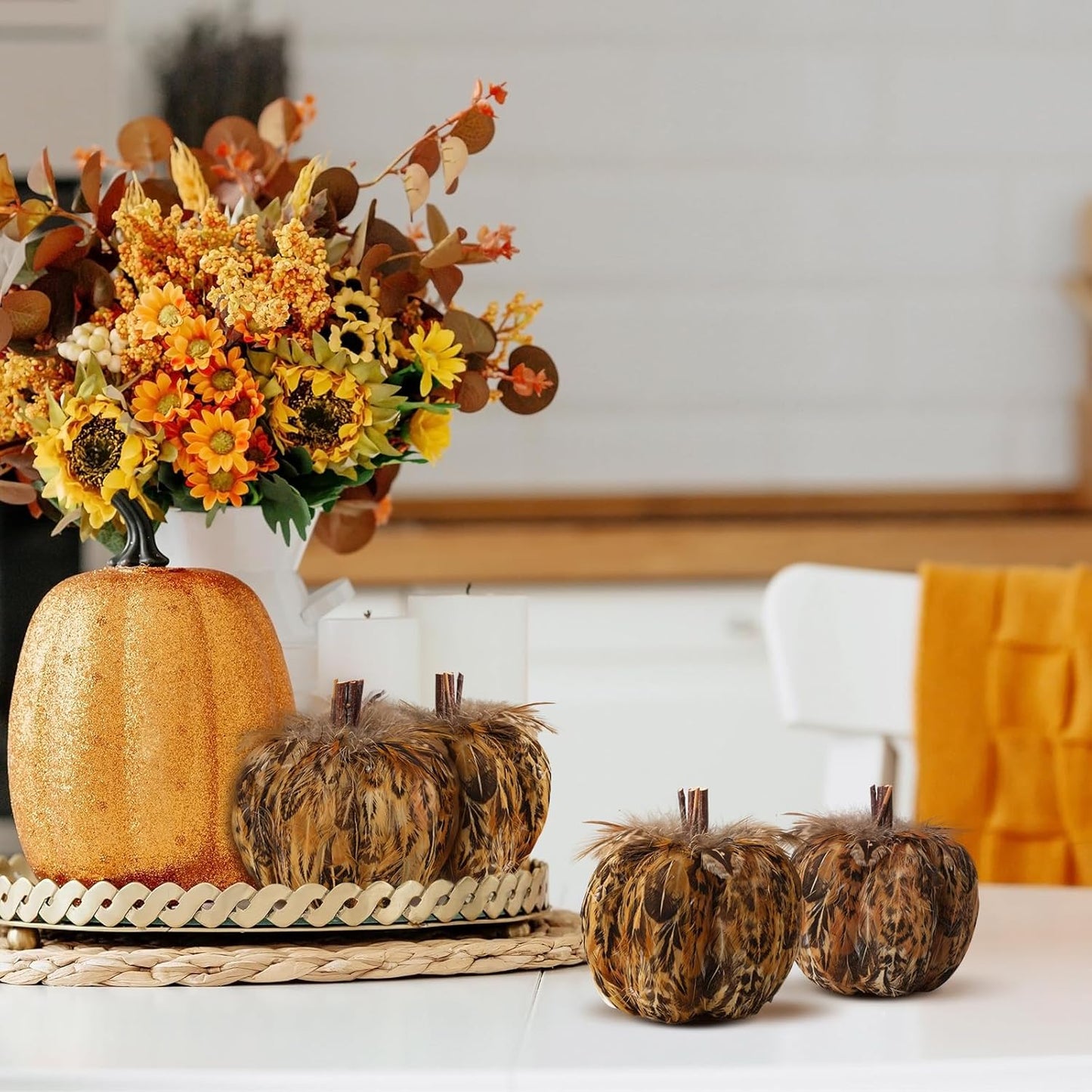 naturevibe 4.3 Inches Elegant Feathered Pumpkin Decor Set of 4 for Thanksgiving Decorations, Natural Feather Pumpkins as Fall Home Decor,Centerpieces for Tables or Autumn Harvest Gifts