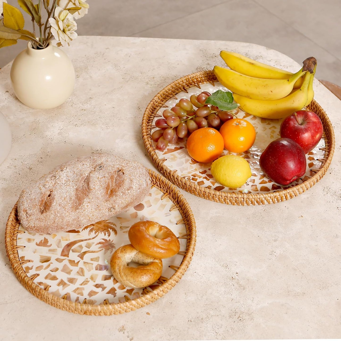 Round Rattan Tray with Mother of Pearl Inlay & Wooden Base - Decorative Wicker Serving Tray for Coffee/Bread/Fruits, Food Storage & Display - Multipurpose Home Decor (M,Island)