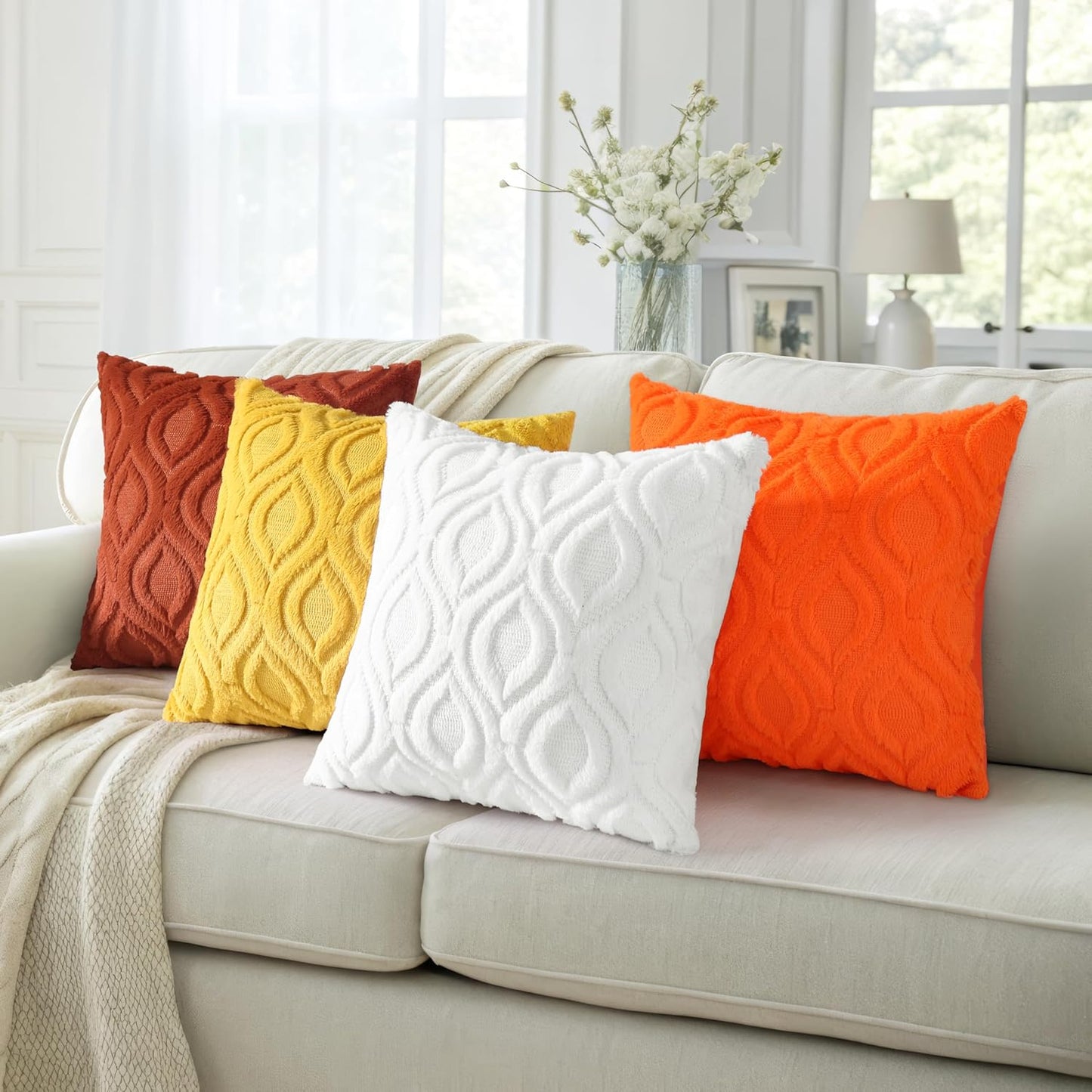 decorUhome Fall Throw Pillow Covers 26x26 Inch Set of 2, Soft Plush Decorative Faux Fur Orange Solid Couch Pillow Covers, Accent Farmhouse Neutral Square Euro Pillow Cases for Sofa Bed Living Room