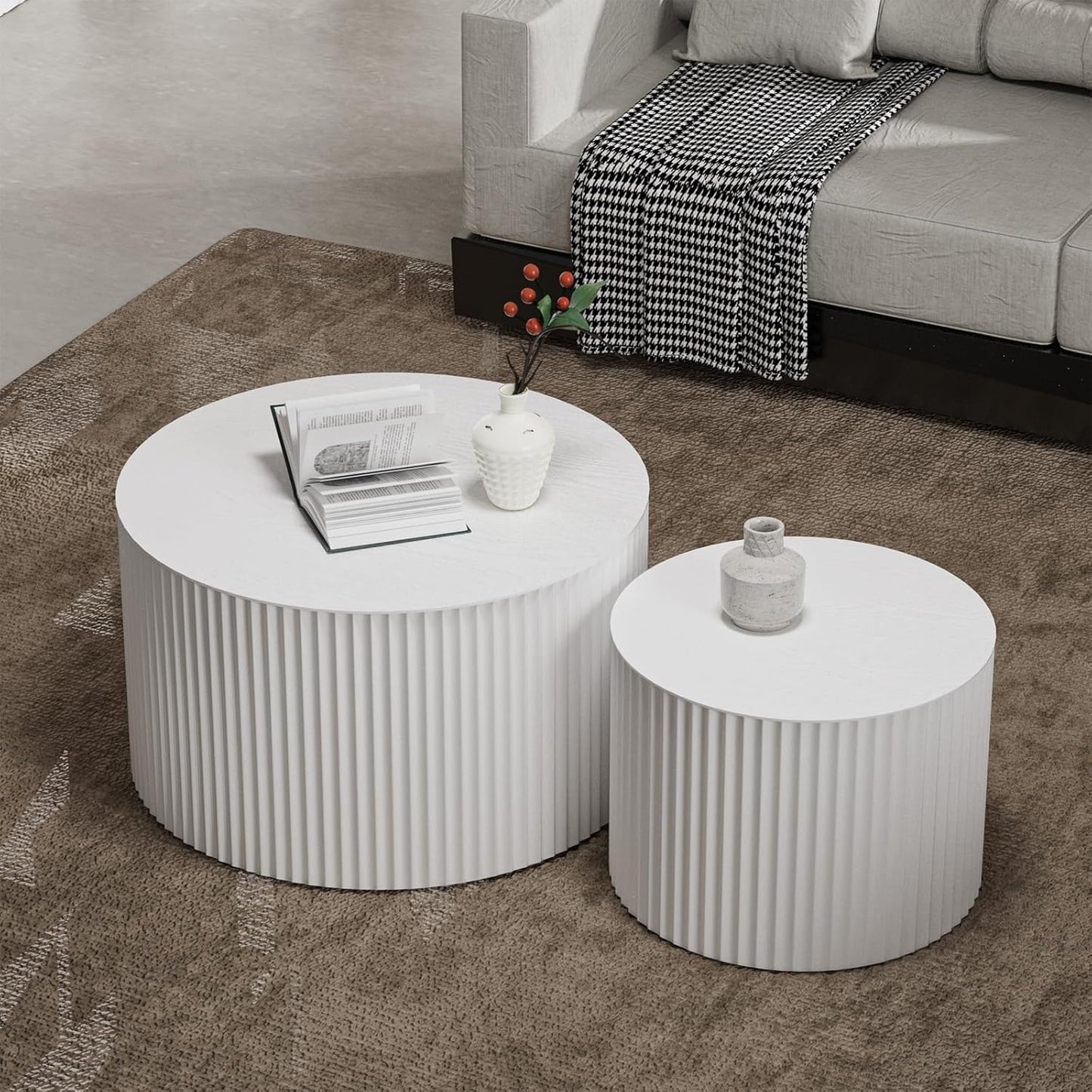 Round Nesting Coffee Table, Drum Wood Coffee Table Set of 2 White, Modern Fluted Nesting Tables Circle Center Table 2 Piece for Small Spaces Living Room Bedroom Balcony Office, No Assembling