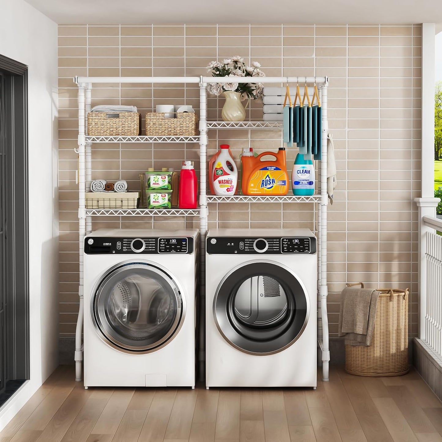 U14 Over Washer and Dryer Storage Shelves, 4 Tiers Laundry Room Storage and Organizer System, Space Saving Clothes Drying Rack with 2 Clothes Hanger Rods, 66.5" W x 20.5" D x 77.4" H, White