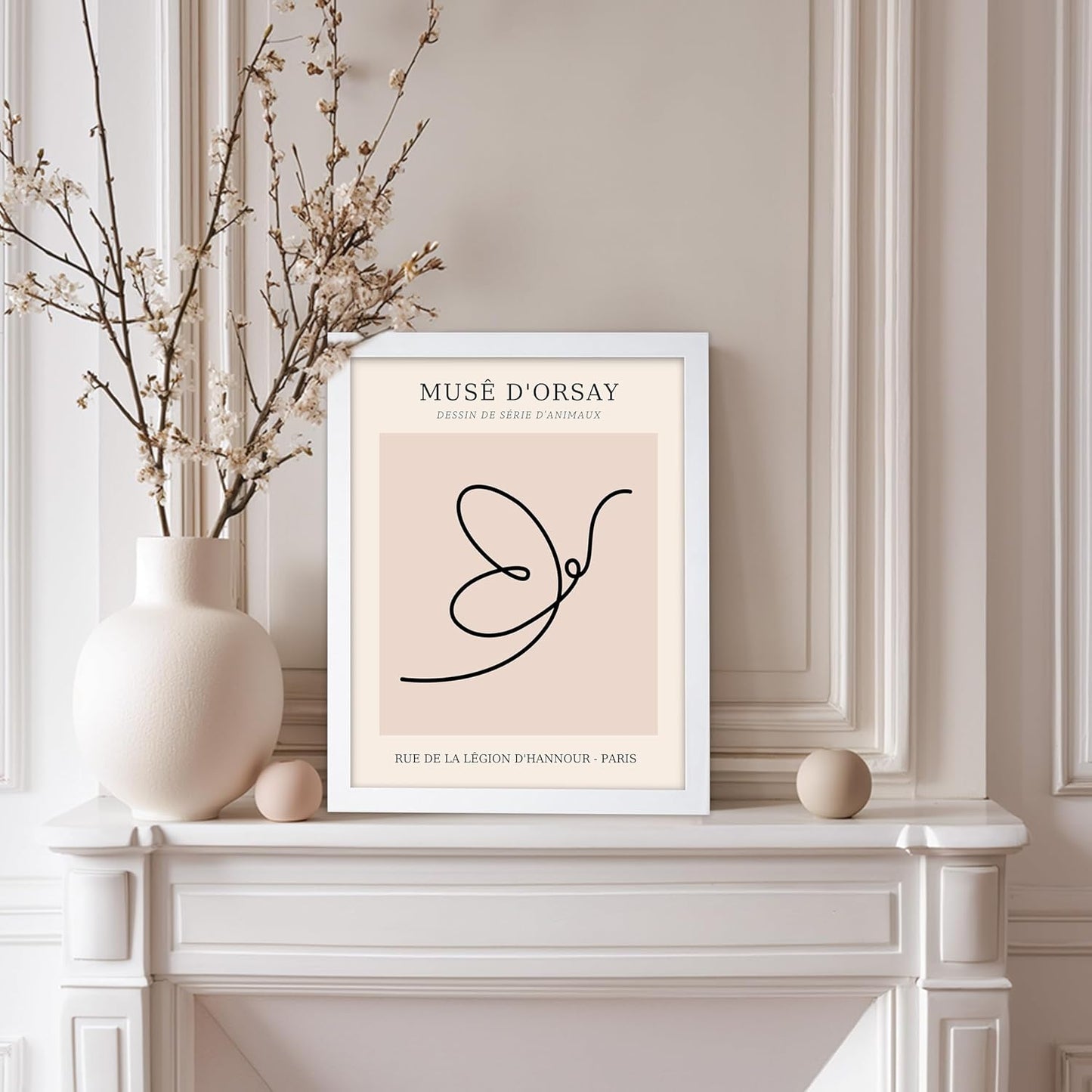 Poster Master Vintage Poster - Retro One Line Butterfly Drawing Print - Butterfly Line Art - Minimal Gift for Him, Her, Animal Lover - Abstract Decor for Home, Office, 8x10 White Framed