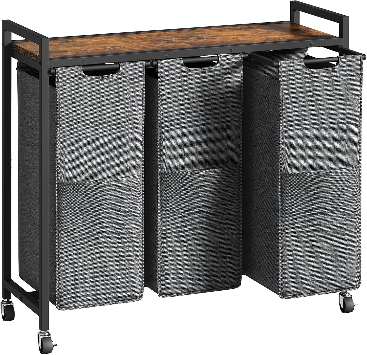 HOOBRO Laundry Sorter 3 Section, Laundry Hamper with Wheels, 3 × 11.5 Gal (43.4L), Rolling Laundry Basket, Pull-Out and Removable Oxford Fabric Laundry Bags, Rustic Brown and Grey BFG76XY01