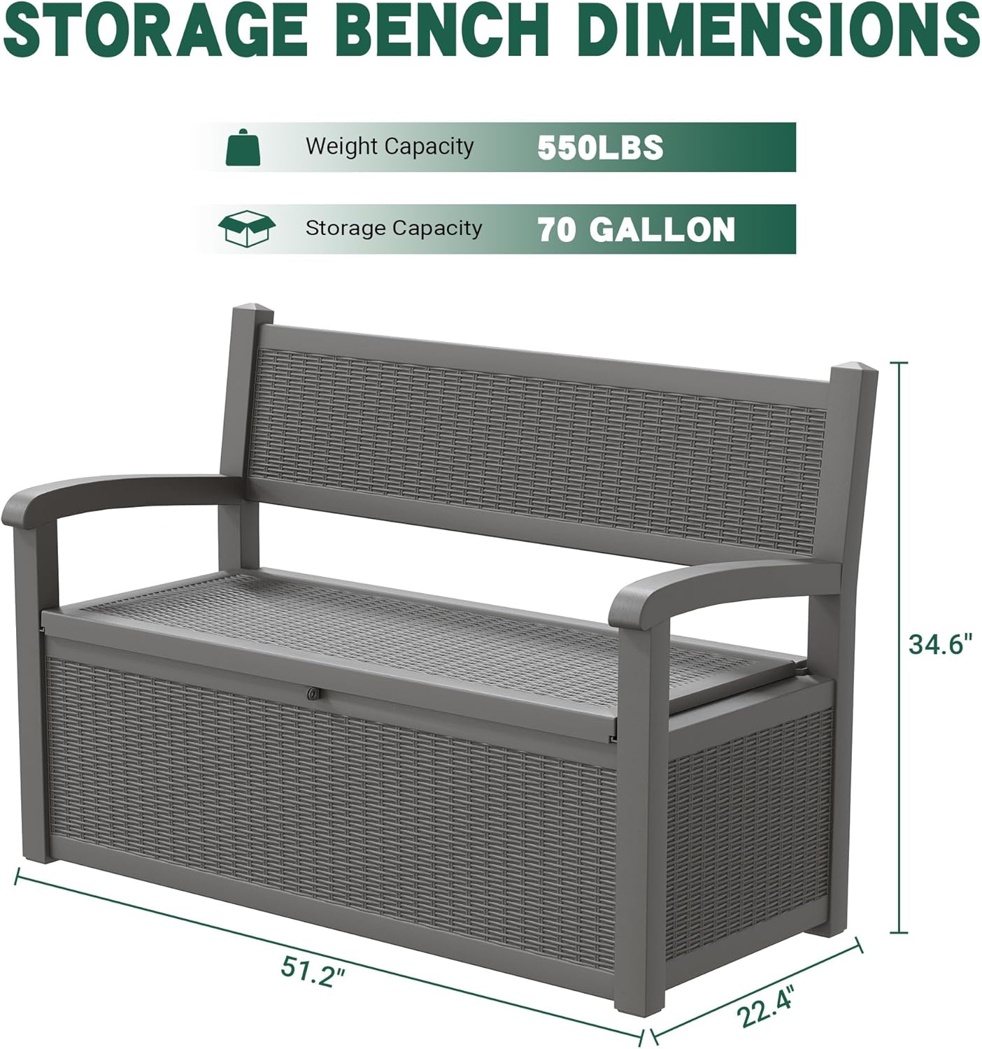 70 Gallon Outdoor Storage Bench Deck Box Lockable for Patio Furniture, Outdoor Porch Bench with Storage Waterproof for Cushions, Garden Tools and Pool Supplies, Grey
