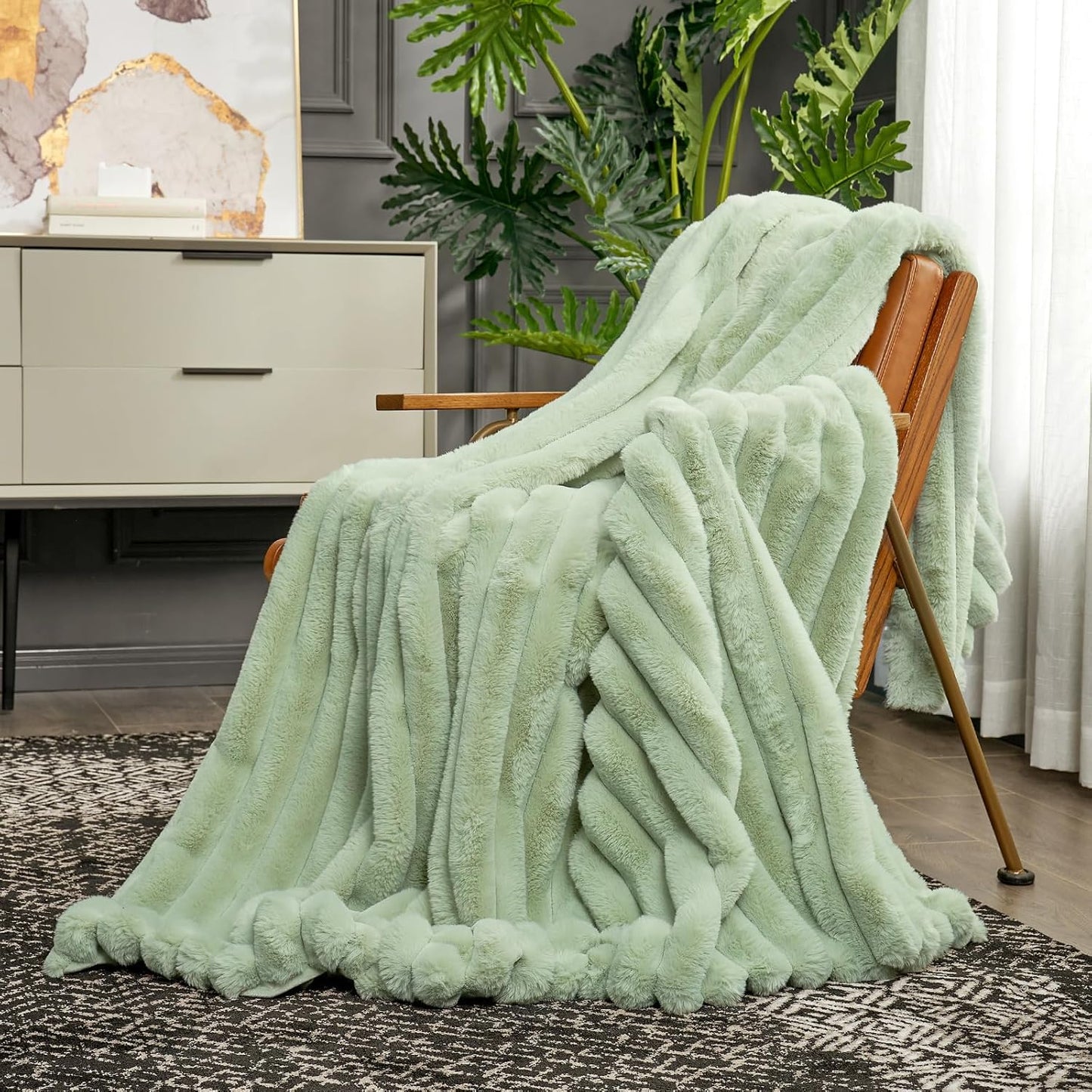 Cozy Bliss Faux Fur Throw Blanket for Couch, Cozy Warm Plush Striped Blanket for Sofa Bedroom Living Room, 60 * 80 Inches Sage Green