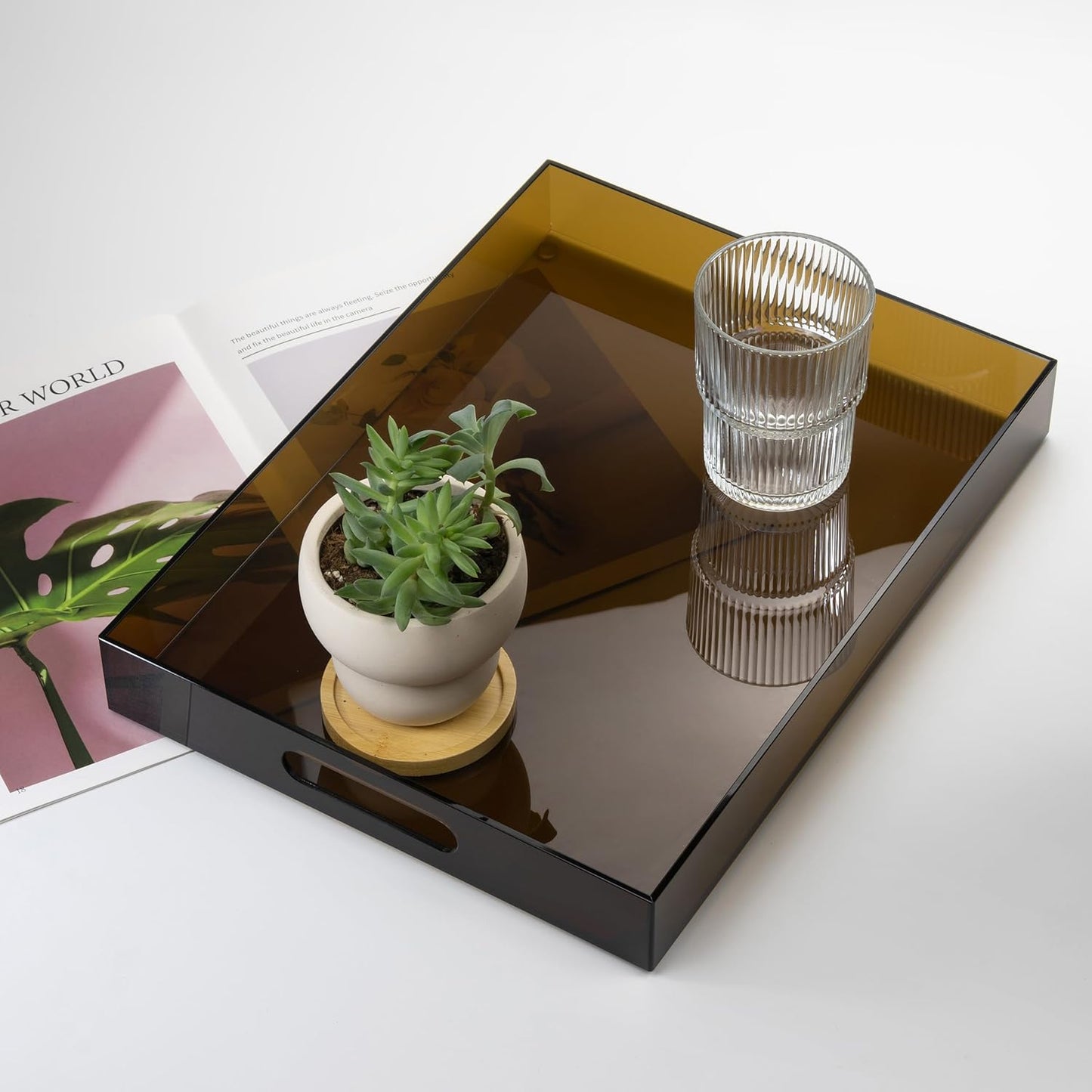 Large Acrylic Serving Tray Decorative Ottoman Coffee Table Vanity Tray Tea Fruit Platter Snack Appetizer Dessert Drink with Handles for Bar Kitchen Party, Amber