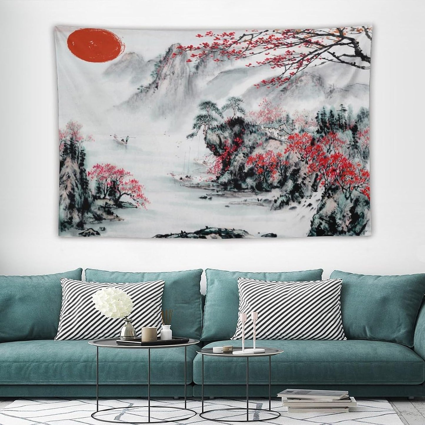 Cherry Blossoms Tapestry,Japanese Red Landscape Asian Watercolor Abstract Art Tapestry, Asian Japanese Wall Tapestry, Nature Landscape Tapestries for Bedroom Living Room Decor 90"x60"