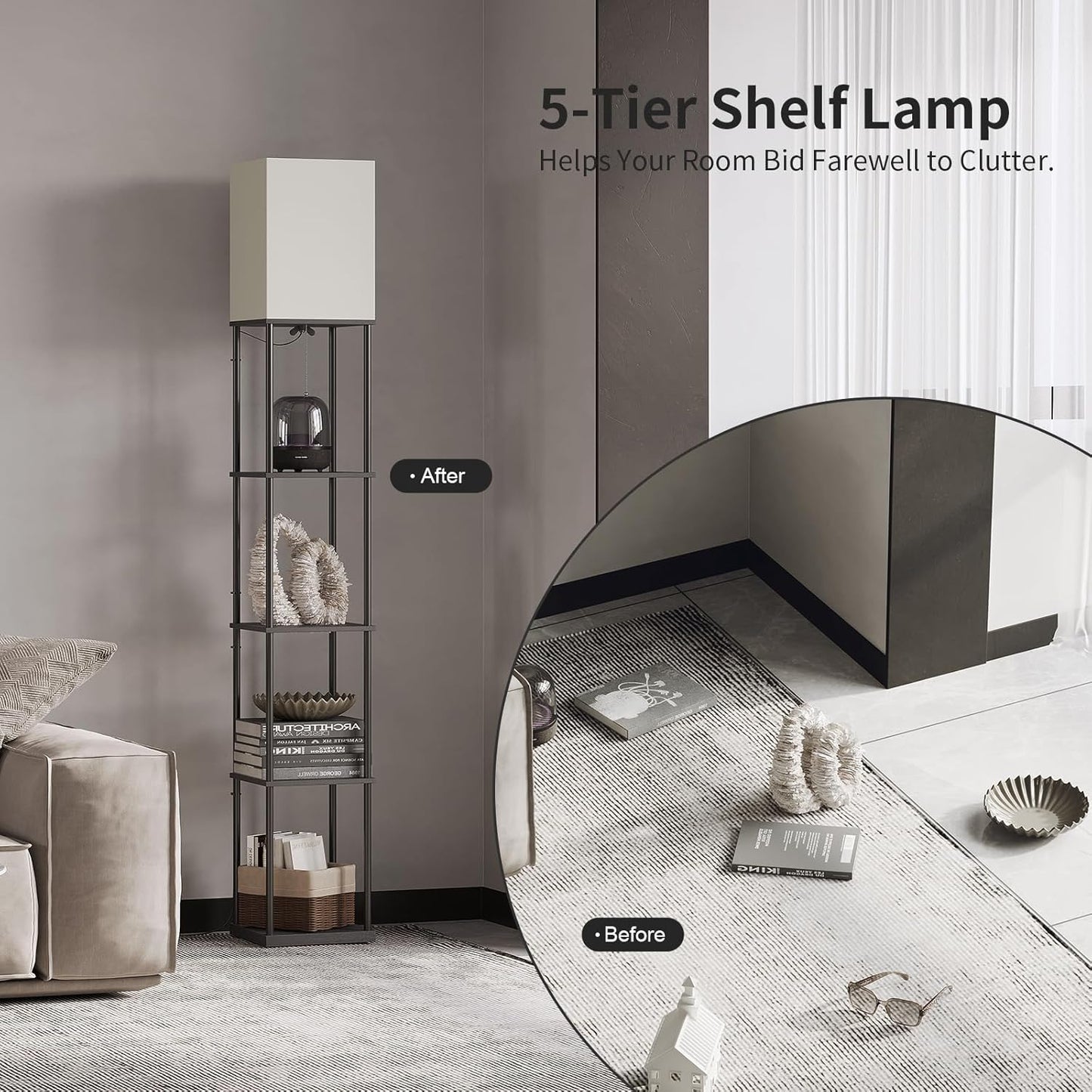 SUNMORY 5 Tier Floor Lamp with Shelves, Modern Square Standing Lamp with 3 Color Temperature Bulb, Corner Display Bookshelf Lamp for Living Room and Bedroom, Tall Shelf Floor Lamp