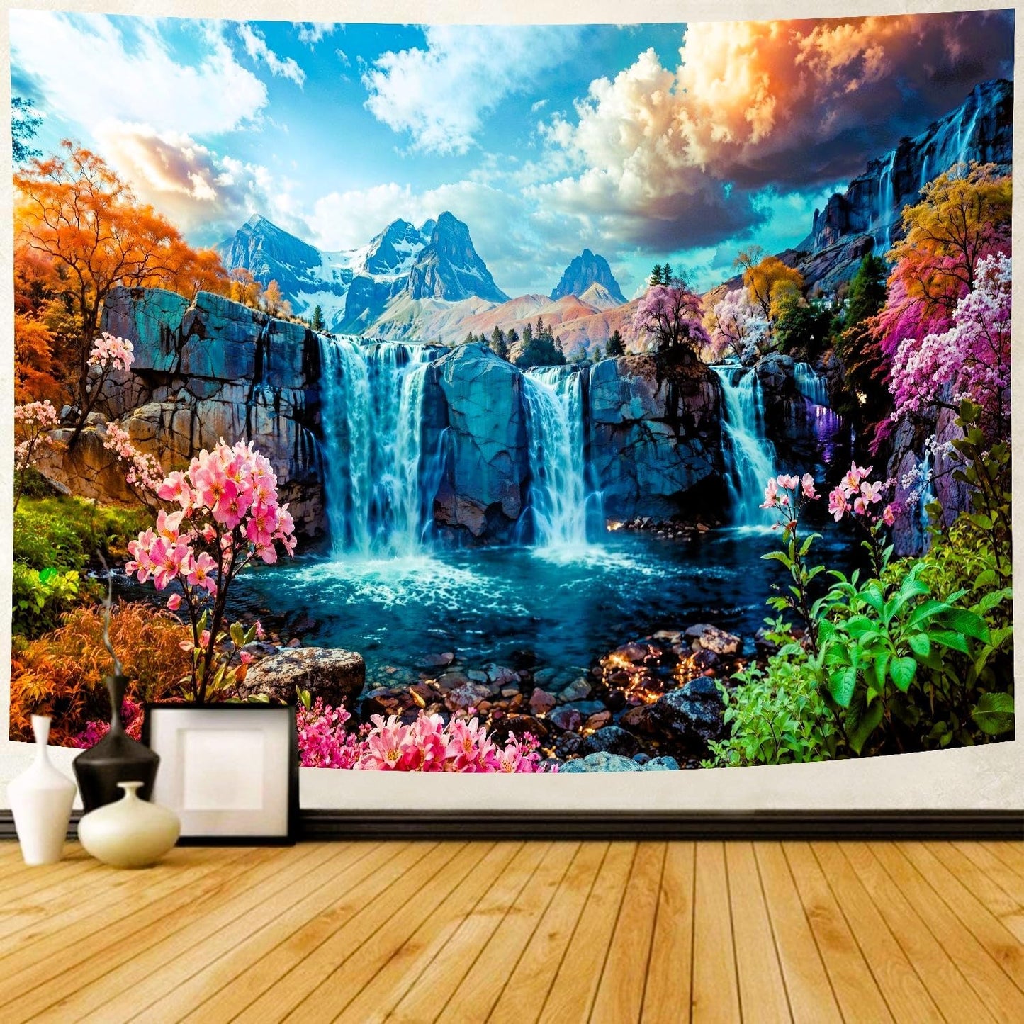 Delur Waterfall Tapestry Tropical Forest Mountain Sunset Tree Wall Hanging Tapestry Scenic Rainforest Landscape Nature Sunrise Headboard for Bedroom Living Room Home Decor (70.8" x 92.5")