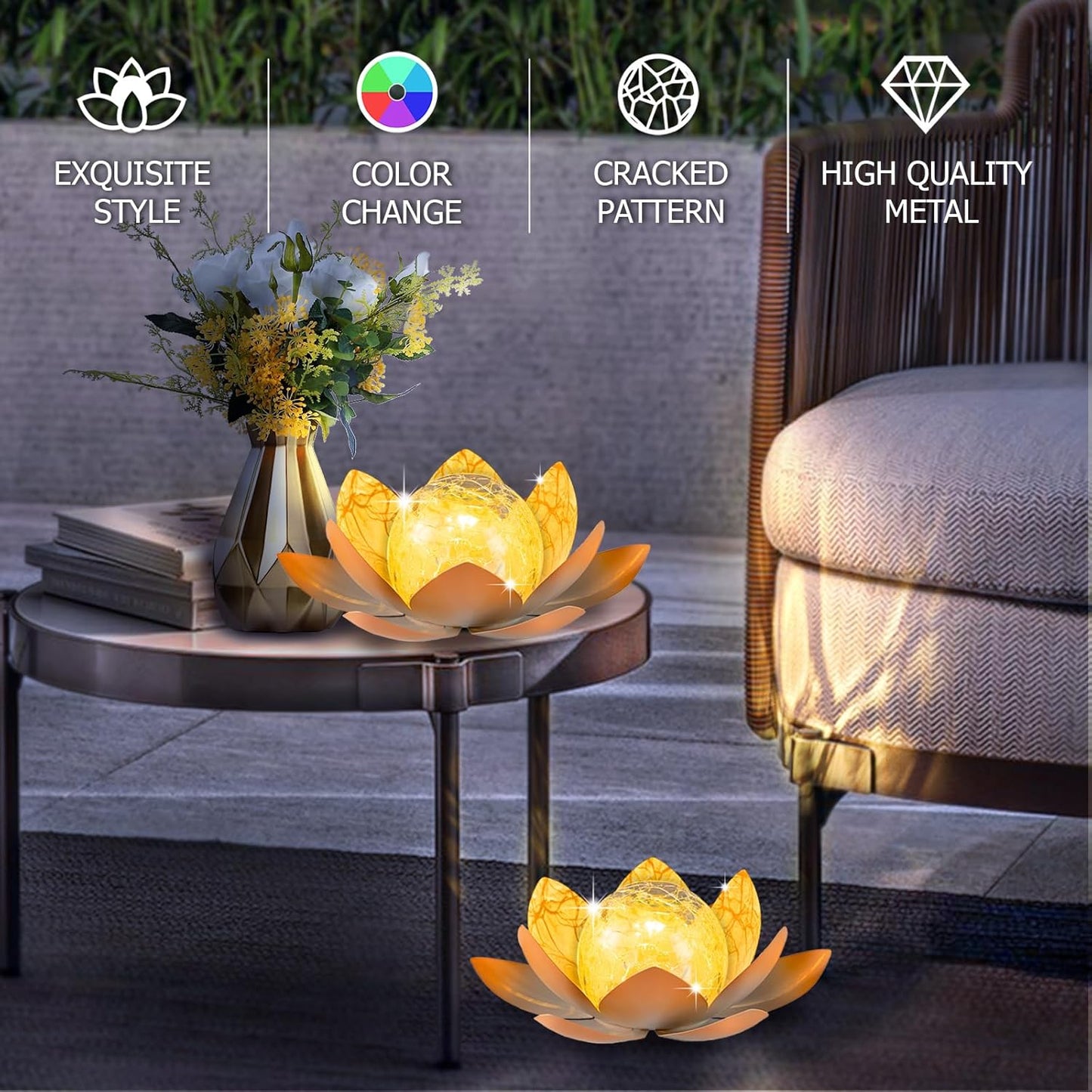 Garden Solar Light Outdoor(2Pack),Crackle Globe Glass Lotus Decoration, Waterproof Metal LED Flower Lights for Patio,Lawn,Walkway,Tabletop,Ground