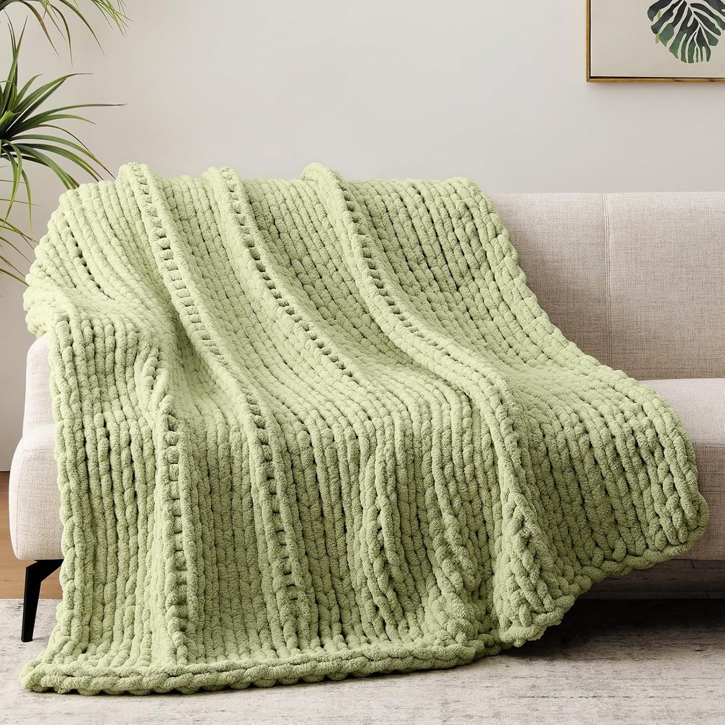 Chunky Knit Throw Blanket, 60''*80'' Knitted Throw Chenille Yarn for Bed Couch, Handmade Light Green Crochet Big Thick Blanket, Machine Washable Cute Comfy Blanket for Home Decor