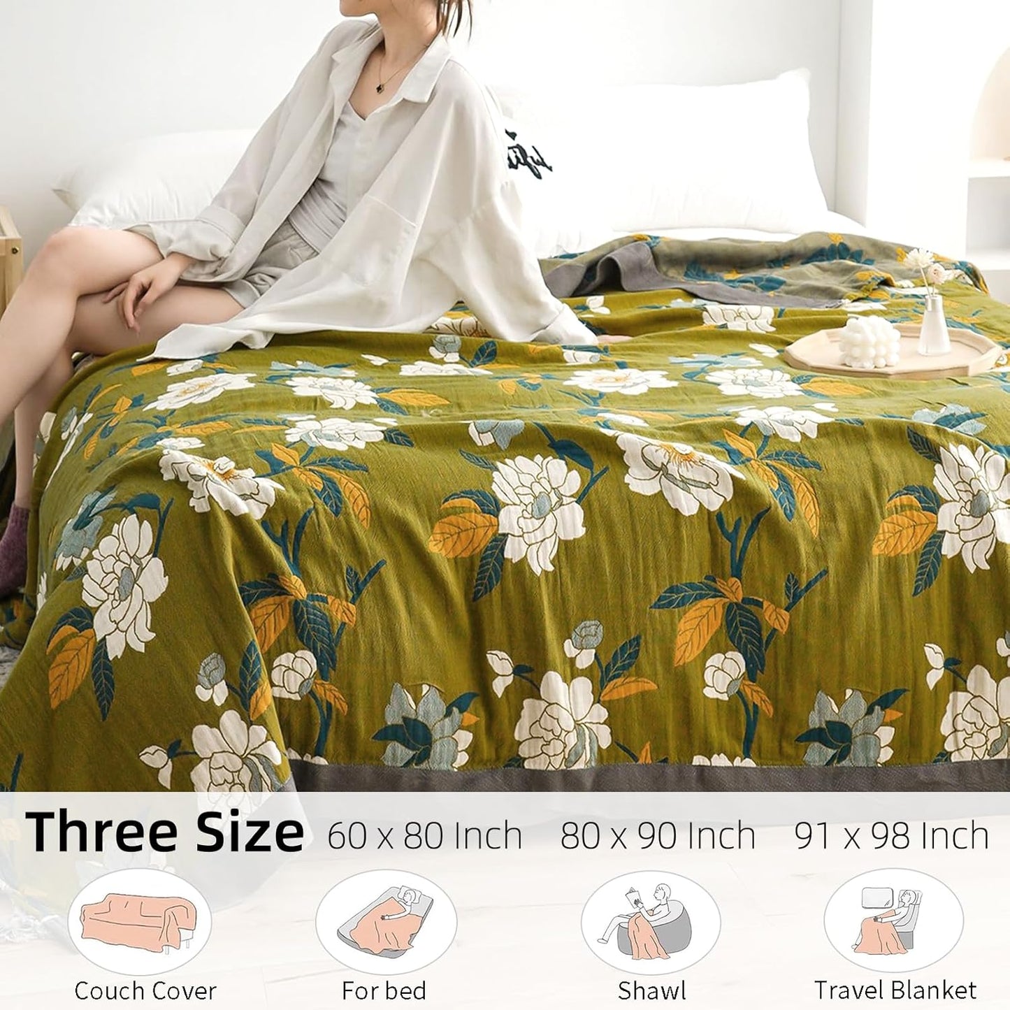 Boho Throw Blanket for Bed - 100% Pure Cotton Ultra Soft Rustic Quilt - Farmhouse Decor Bed Blankets, All Season Rustic Throw for Sofa Couch Chair(91''x 98'', Flower Branch)