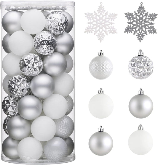 Valery Madelyn Christmas Tree Decorations Ornament Set for Fall Halloween, 50ct 2 Inches White and Silver Shatterproof Christmas Ball Ornaments Hanging Xmas Holiday Party Decor