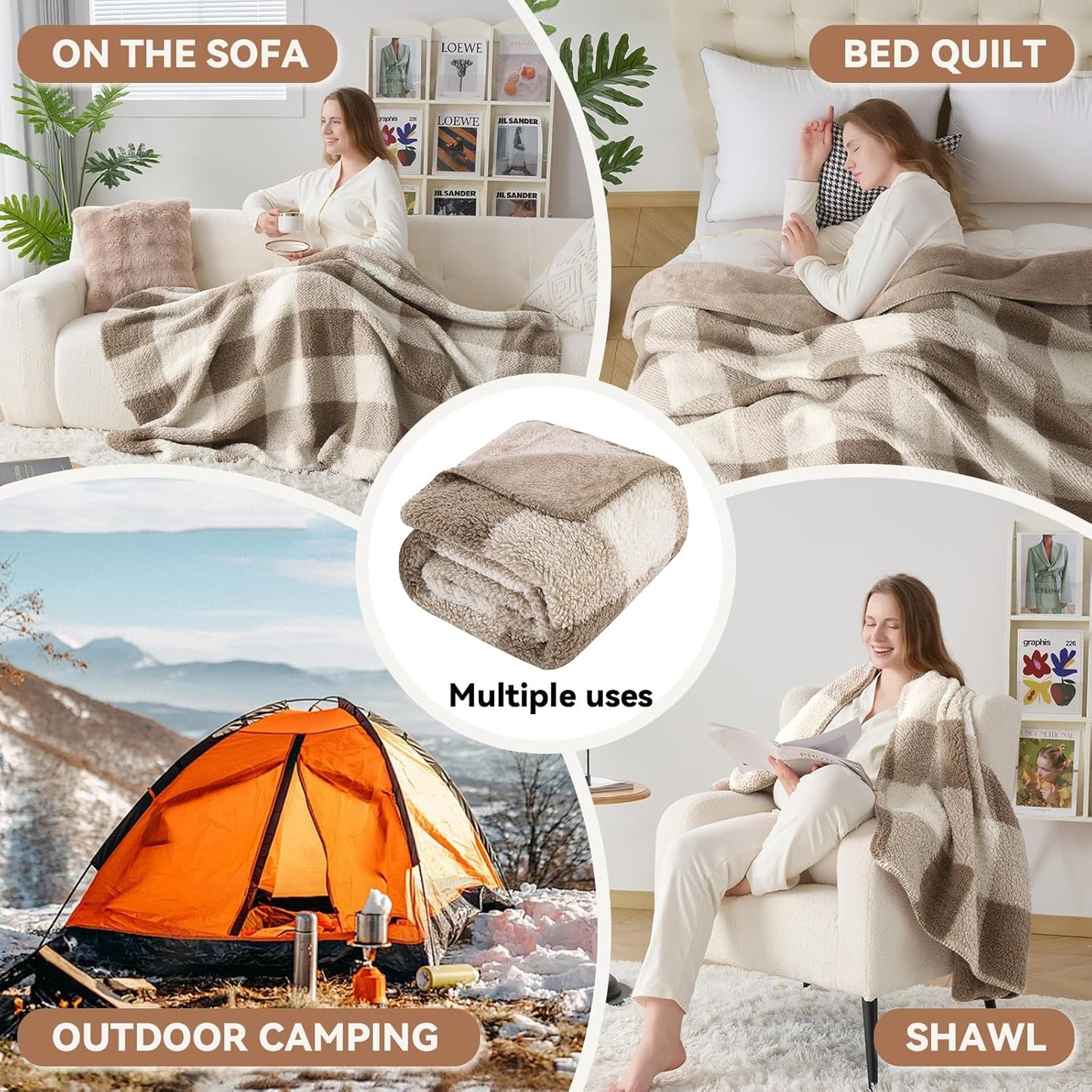 LURKA Checkered Sherpa Fleece Twin-Size Bed Blanket - Extra Thick and Warm Winter Soft Fuzzy Plush Blanket for Couches, Beds & Pets, Khaki, 60x80 Inches