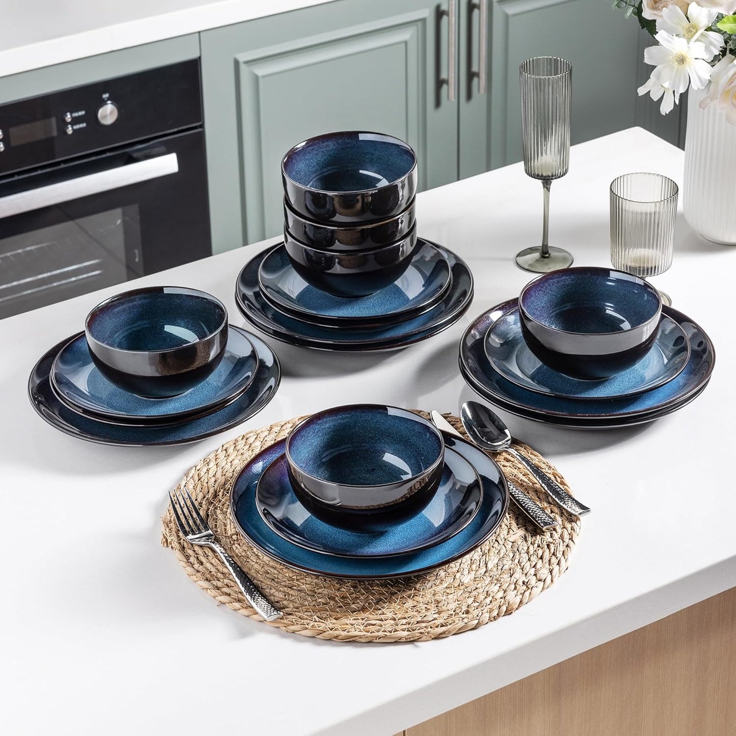 LERATIO Ceramic Dinnerware Sets for 8,Stoneware Plates and Bowls Sets,Handmade Reactive Glaze Dishes Set,Chip Resistant and Scratch Resistant | Oven&Dishwasher & Microwave Safe-Blue(24PCS)