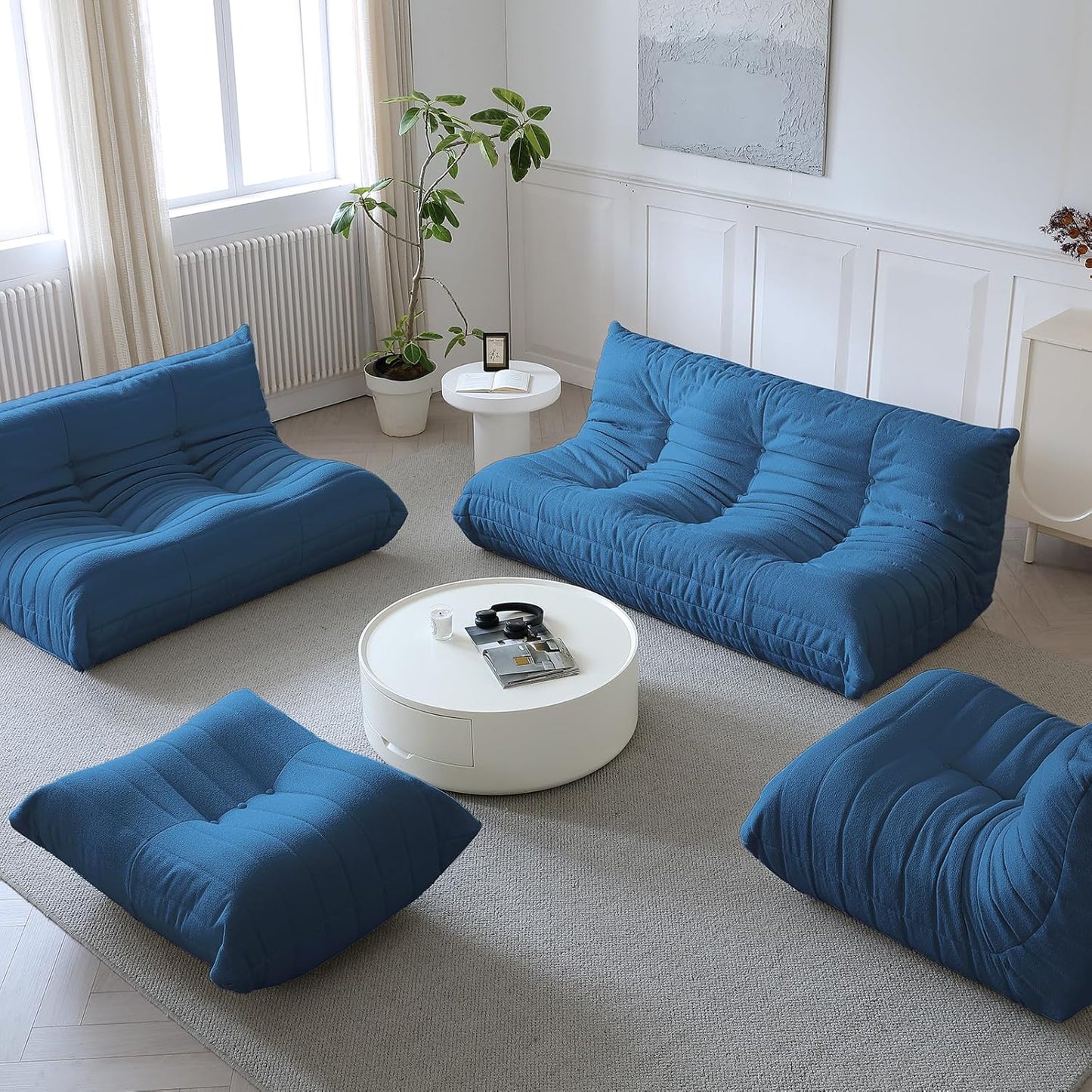 Luxury Sofa Couch Chair, Lazy Floor Seating, Fireside Bean Bag Chair, Ergonomic Tatami Sofa Lounger for Living Room, Bedroom, Office, Single Seat, Blue