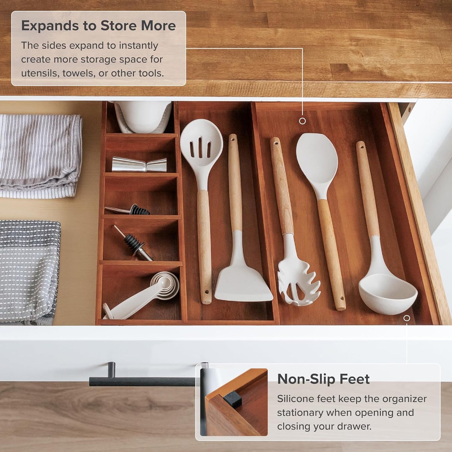 Adjustable Kitchen Drawer Organizer for Utensils and Junk, Food-Safe Contract Grade with 100% Sustainable Wood, Non-Slip, Expandable from 10.5 to 18.5 Inches Wide - Natural Acacia