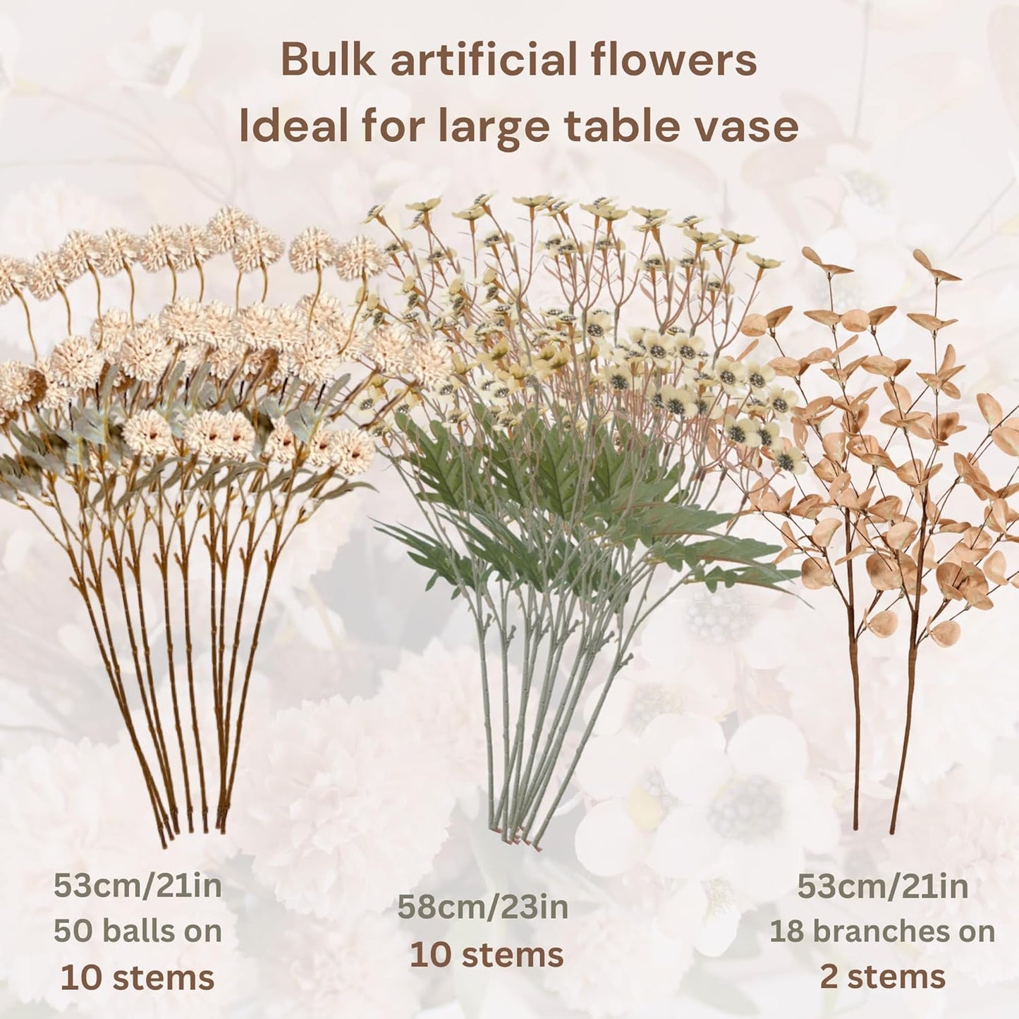 Beige Silk Flower Arrangements For Home Decor, Large Floral Centerpieces For Tables, Fake Mums + Eucalyptus + Wild Flowers in Bulk, Long Stem Artificial Flowers Coffee Dining Table, Faux Mums Flowers