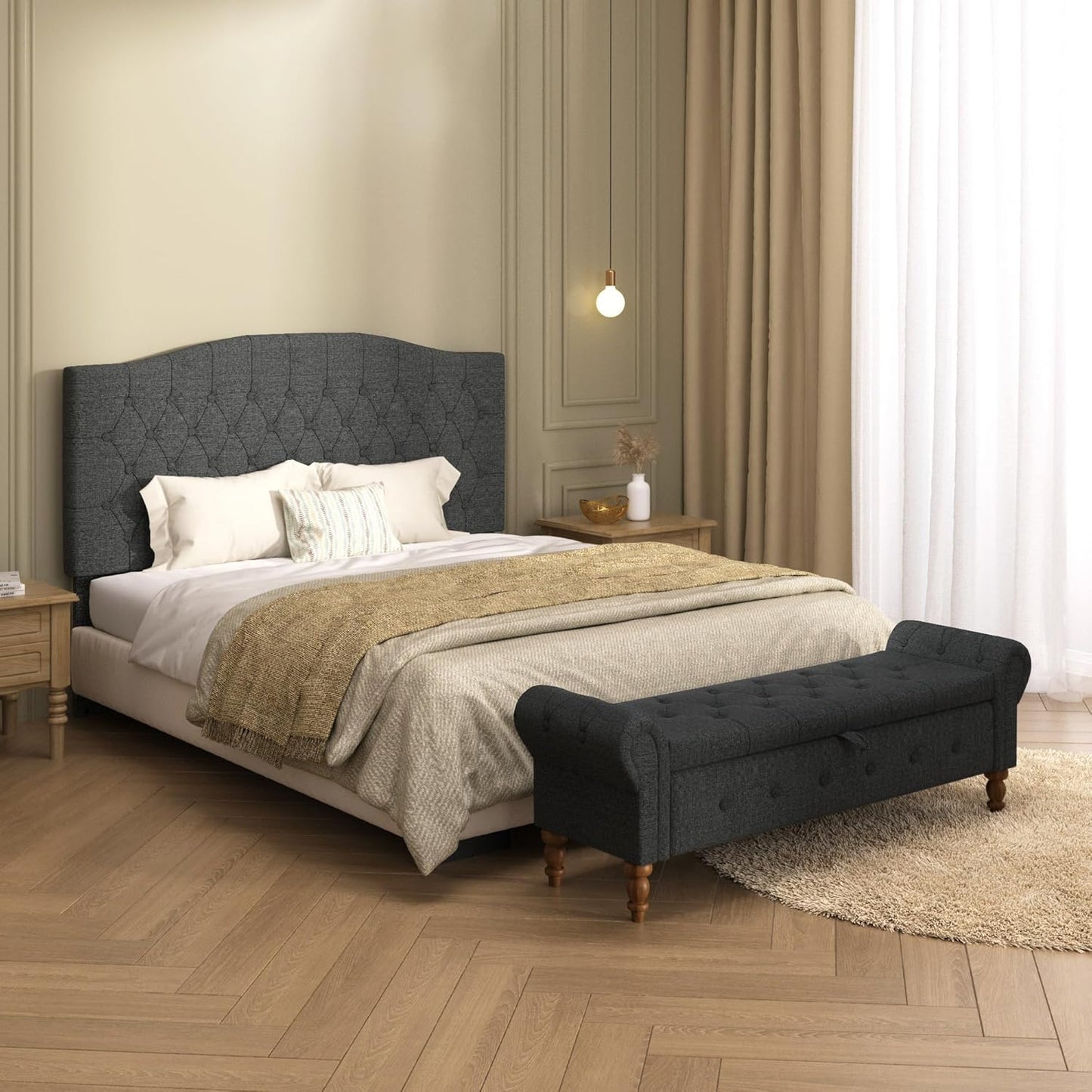 Storage Ottoman Bench for Bedroom, Linen 52" End of Bed Bench with Rolled Arms Upholstered Ottoman Bench Fit for Bedroom, Living Room, Entryway, Dark Gray