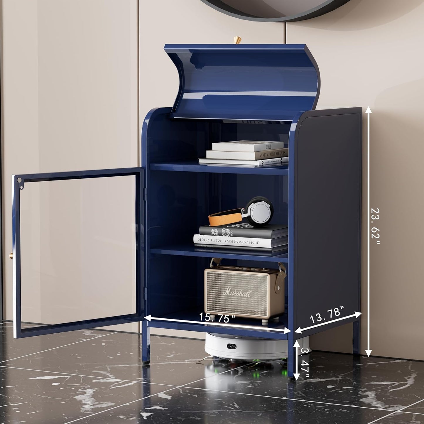 Modern Metal Side Tables Set of 2, End Tables with Glass Door, 2-Tier Nightstands with Storage Shelves, Accent Table, Slim Sofa Table for Living Room, Bedroom (Blue)