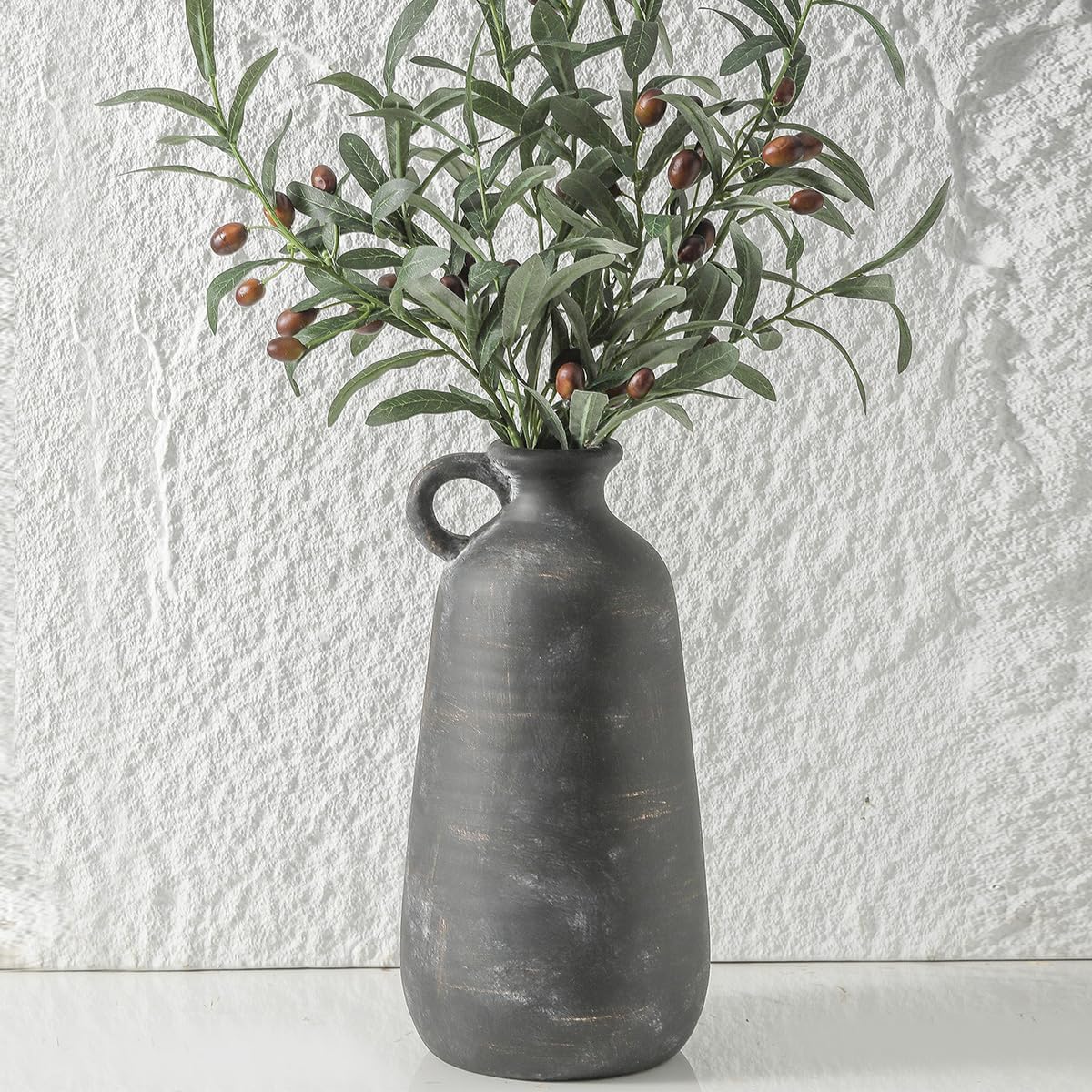 Ceramic Rustic Farmhouse Vase, 12.8" Large Rustic Black Pottery Vases Home Decor Decorative Boho Pampas Vase for Home Decor Table Living Room Decoration Shelf Mantel Enryway Kitchen