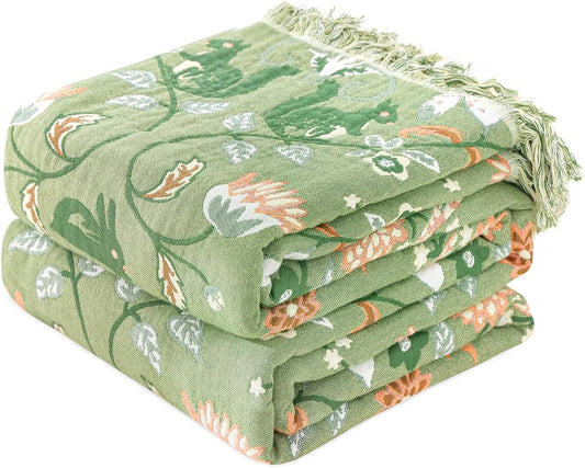 MSGKV Boho Throw Blanket for Couch and Sofa Cotton Blankets for Living Room Bedroom Reversable Florals and Animals Throw 60"x80" Breathable Cozy Blankets