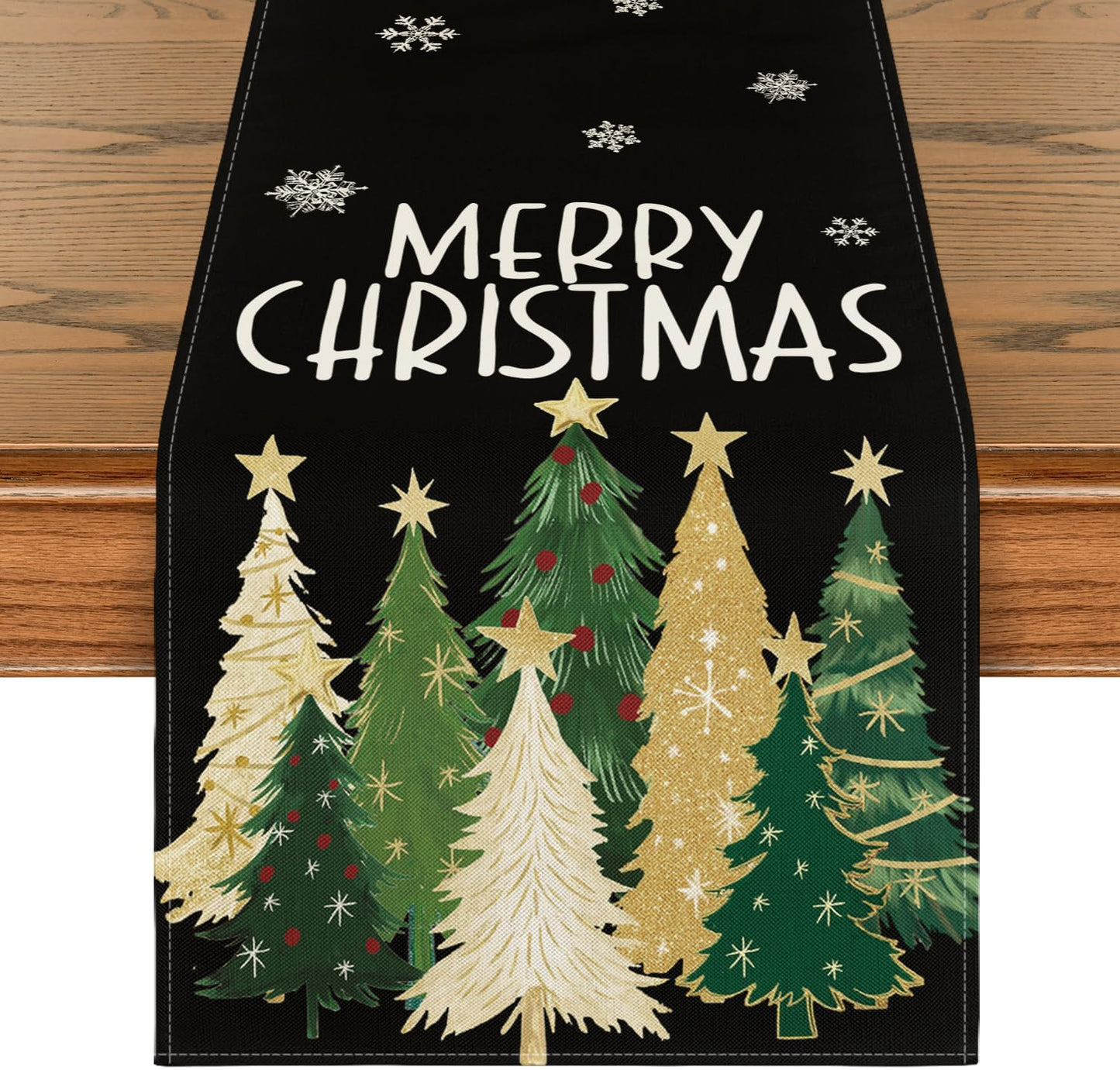 Artoid Mode Xmas Trees Snowflakes Black Merry Christmas Table Runner, Winter Seasonal Kitchen Dining Table Decoration for Home Party Decor 13x120 Inch