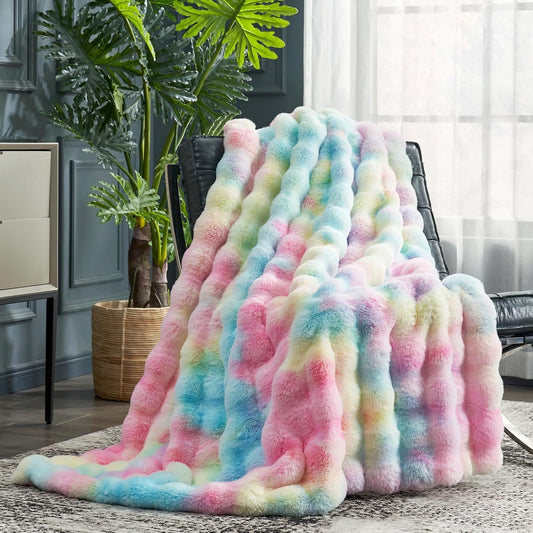 Cozy Bliss Faux Fur Throw Blanket for Couch, Fuzzy Soft Plush Thick Bubble Blanket for Sofa Bedroom Living Room,50 * 60 Inches Tie-dye Rainbow