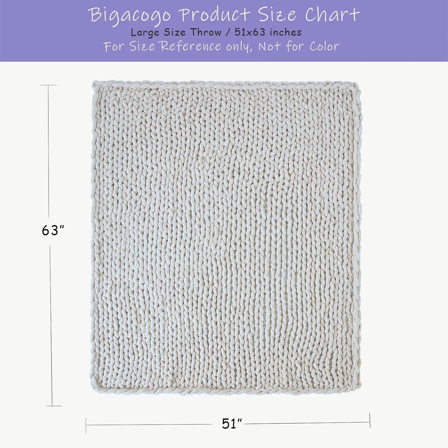 Bigacogo Chunky Knit Throw Blanket for Couch, 51x63 inches, 100% Hand Knitted with Thick Jumbo Chenille Yarn, Cozy Soft Large Rope Knot Cable Crochet Blankets for Sofa Bed Living Room, White