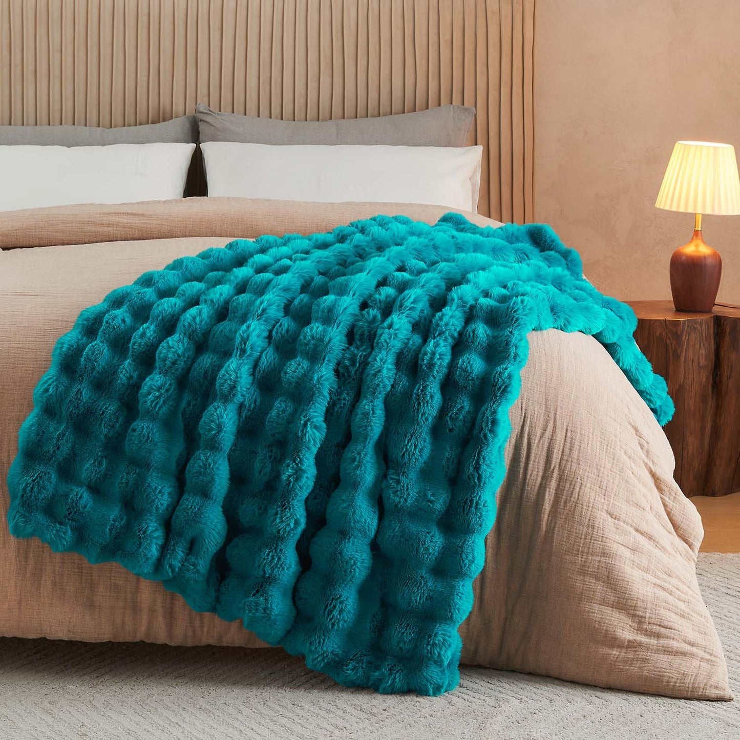 Lotus Karen Faux Fur Throw Blanket Teal - Big Bubble Rabbit Fluff Blanket for Couch Bed Sofa,Softest Fluffy Fuzzy Cozy Blanket,Thick Furry Plush Shaggy Warm Blankets for Women,60x80 Inches