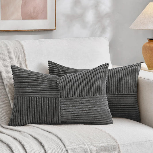 Fancy Homi 2 Packs Dark Gray Lumbar Decorative Throw Pillow Covers 12x20 Inch for Living Room Couch Bed Sofa, Farmhouse Home Decor, Soft Striped Corduroy Rectangle Accent Cushion Case 30x50 cm