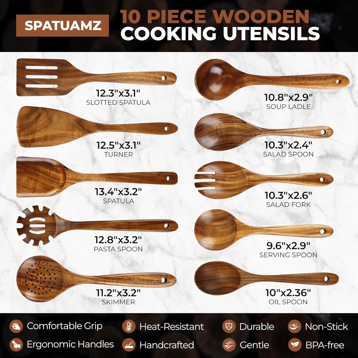 SPATUAMZ Teak Wood Spoons for Cooking, Elegant Wooden Cooking Set of 10, Excellent Kitchen Cooking Utensils Set for Home