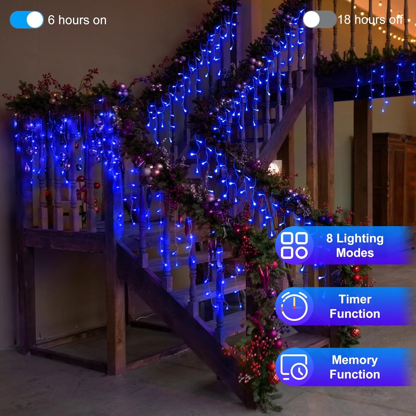504LED 50ft Christmas Lights, 112Drops 12 Modes Blue Christmas String Lights Outdoor Dimmable, Waterproof Christmas Decoration Fairy Lights with Timer for Eaves Indoor Party Patio Window Fence Blue